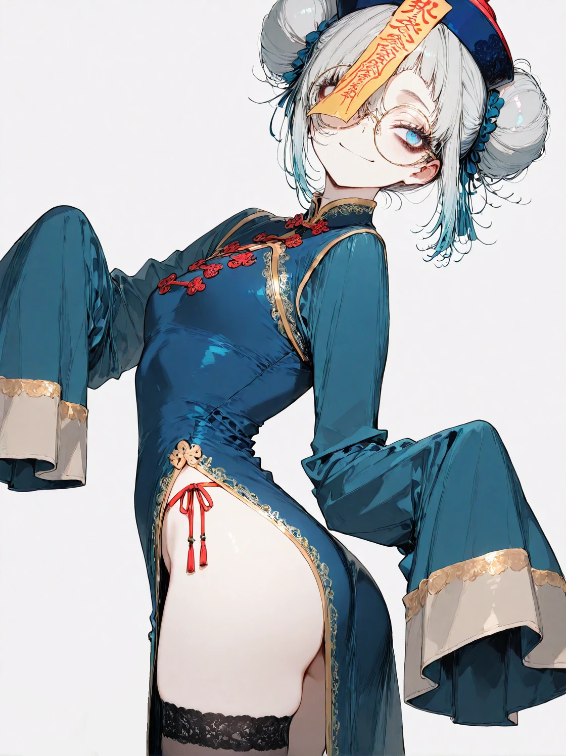 masterpiece, best quality, top quality, good quality, newest, highres, absurdres,
BREAK
very awa, absolutely eye-catching, illustration, CG,
BREAK
perfect composition, eye reflection, eyelashes,
BREAK
1girl, chinese zombie, jiangshi outfit, blue and gold traditional chinese clothing, round glasses, (bags under eyes:1.1), long sleeves, double bun, (paper talisman on forehead),( paper talisman cover one eye:1.1) short silver hair, blue eyes, confident smile, closed mouth, (pale skin:1), twisted torso, exaggerated hip curve, thighhighs, ornate buttons, tight-fitting clothes, from side, white background, half close-up,