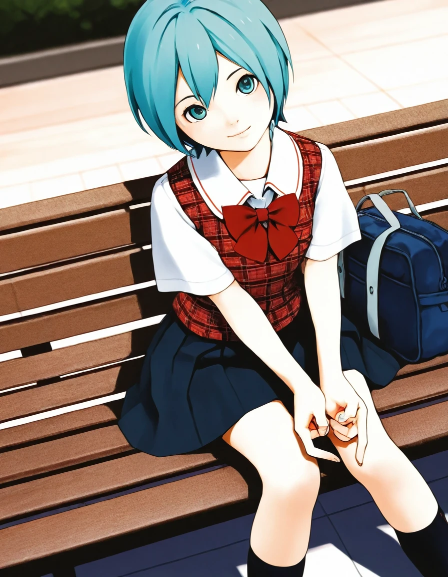 a girl sitting on a park bench, 1girl,hatsune miku, index fingers together, short hair, plaid vest, school uniform, skirt, black kneehighs, school bag, head tilt, light smile, dutch angle,
,<lora:inouse_kiyoshirou_old_style_illustrious01_v1-000009:1>