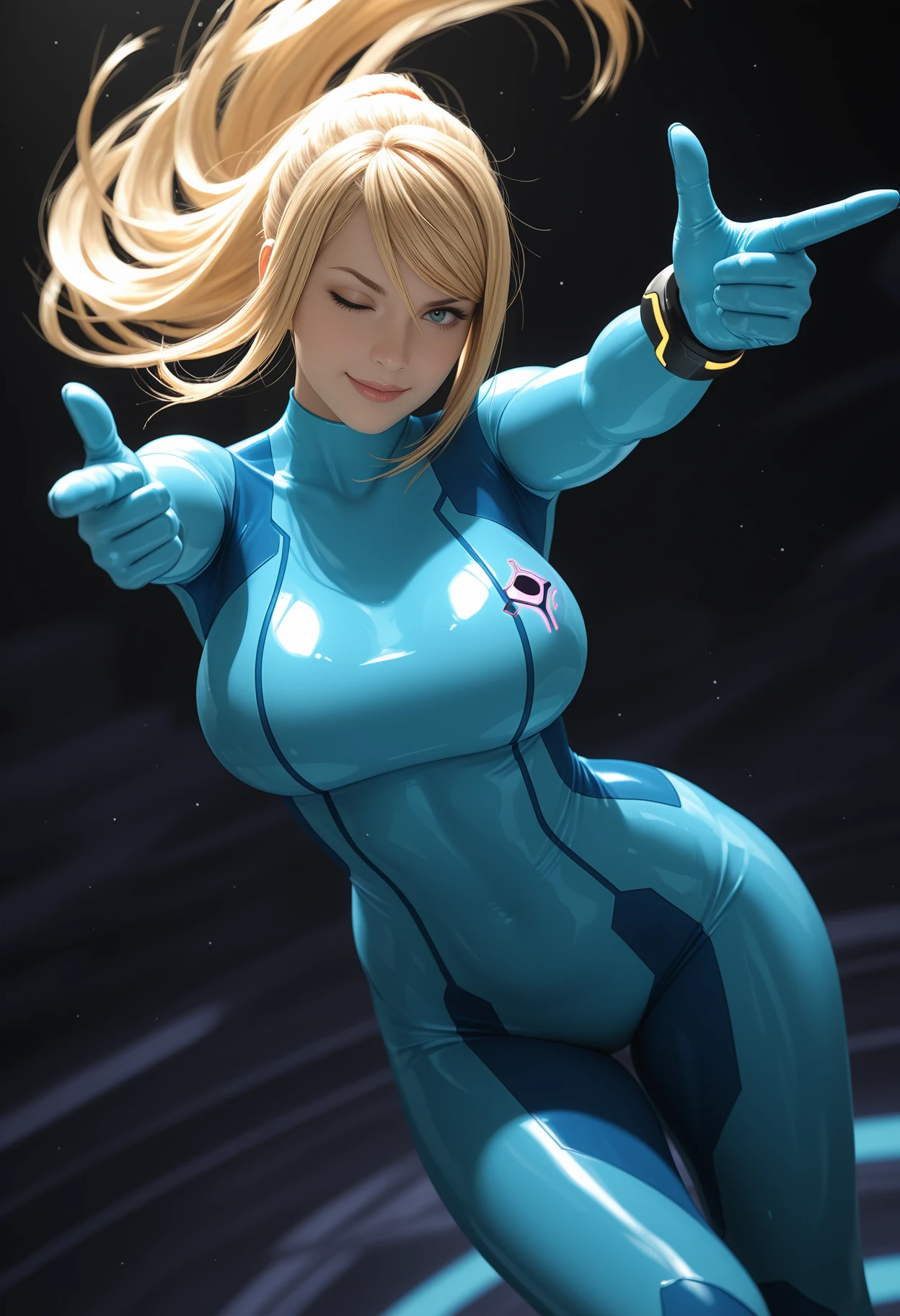 masterpiece, best quality, absurdres, highres, photorealistic,
blurry background, abstract background, dark background,
1girl, samus aran, large breasts,
zero suit, floating hair,
dynamic pose, falling, leaning to the side, outstretched arms, (double finger gun, aiming at viewer),
smirk, one eye closed,
looking at viewer,
hand focus, foreshortening, dutch angle, depth of field,