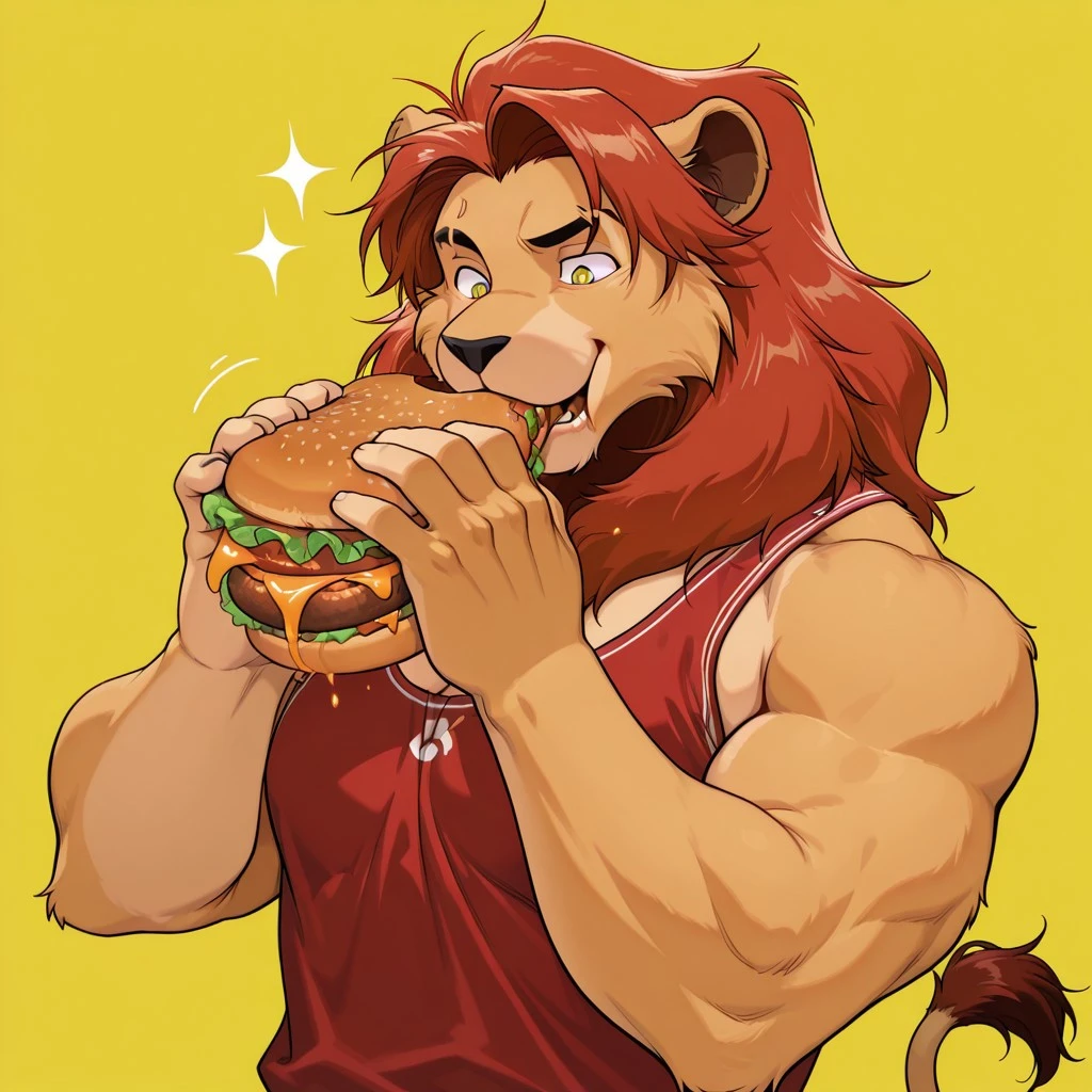 masterpiece, best quality, amazing quality, solo, upper body, lion, lion boy, lion ears, lion tail, furry, male, bara, yellow_eyes, red haired, two bangs, eyebrow cut, male focus, muscular, eyebrow cut, eating a burger, looking at burger, holding a burger
