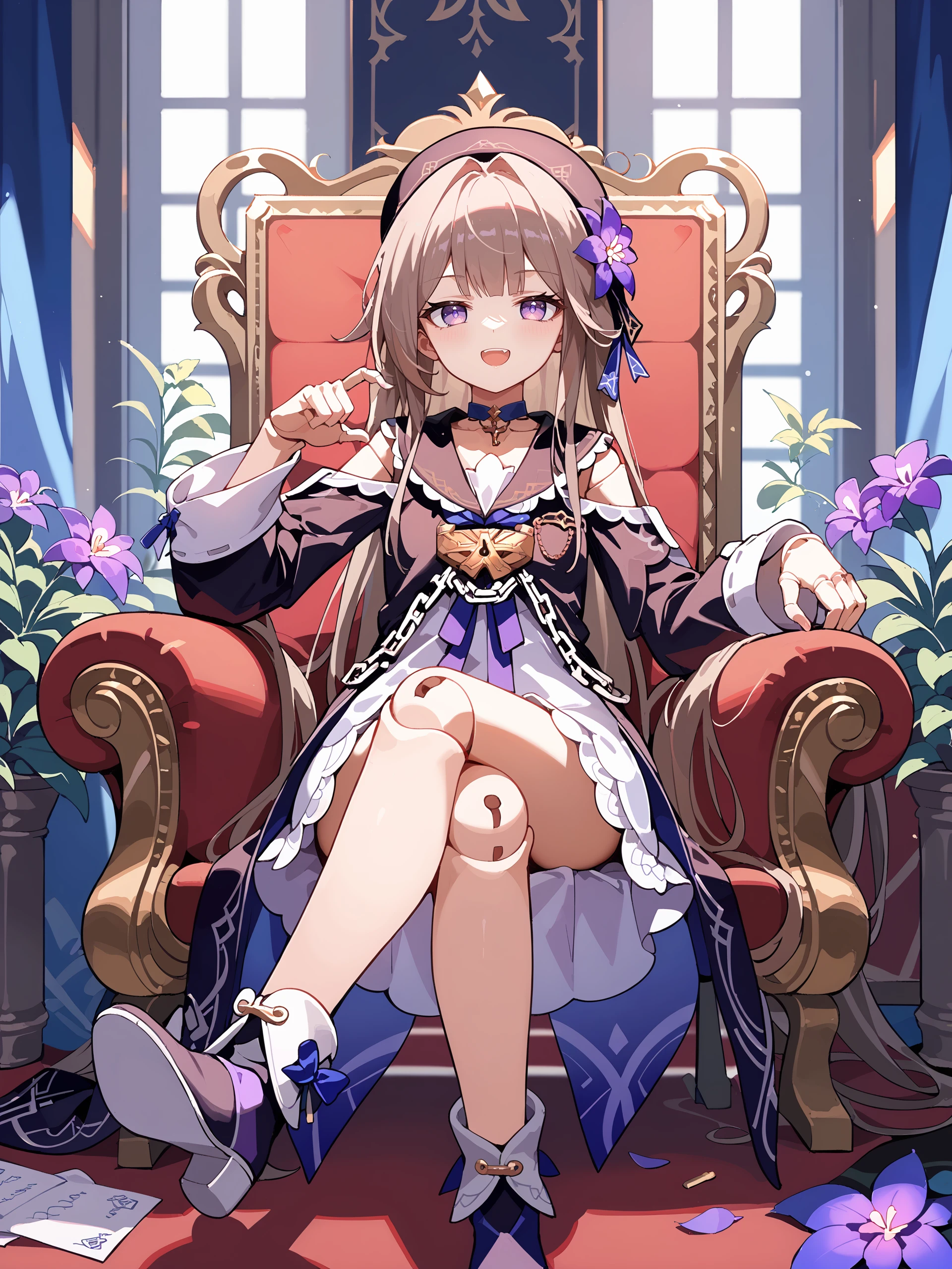 score_9, score_8_up, score_7_up, source_anime, ray tracing, best quality, <lora:Char-HonkaiSR-Herta-V4-Pony:0.8:hr=0.6>, 1girl, solo, herta \(honkai: star rail\), doll joints, aged down, beret, hair flower, white dress, black sailor dress, key choker, chain, shoulder cutout, fold-over boots, looking at viewer, sitting, smug, open mouth, ojou-sama pose, crossed legs, throne, indoors