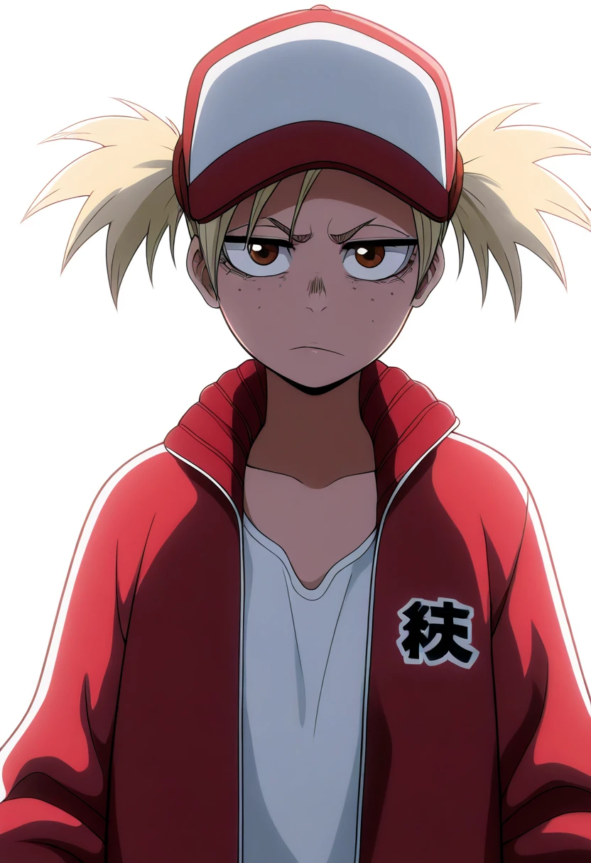 best quality, amazing quality, very aesthetic, absurdres,
1girl, sarugaki hiyori, blonde hair, short twintails, brown eyes, freckles, frown,
red track jacket, open clothes, white shirt, baseball cap,
upper body,
looking at viewer, simple background, white background, <lora:HiyoriSarugakiTYBWNoobXL_byKonan:1>