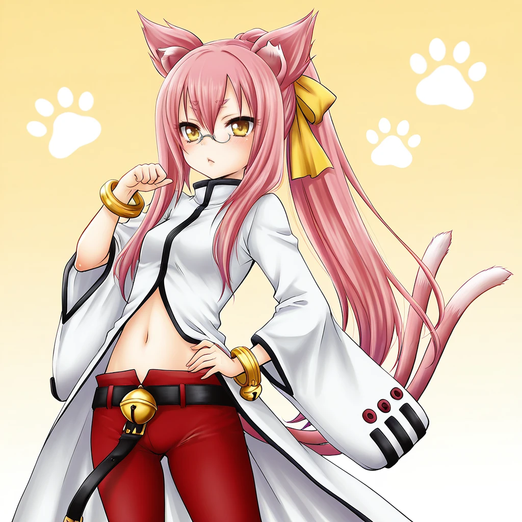 <lora:OzakiMiray_illustrious_v1:1> score_9, ozakimiray_style, ozakimiray, source_artwork, <lora:kokonoe_illustrious_v1:.7> Kokonoe, 1girl, cat tail, animal ears, pink hair, glasses, multiple tails, pince-nez, capri pants, long hair, red pants, navel, bracelet, jewelry, ponytail, yellow eyes, bell, midriff, belt, underwear, cowboy shot