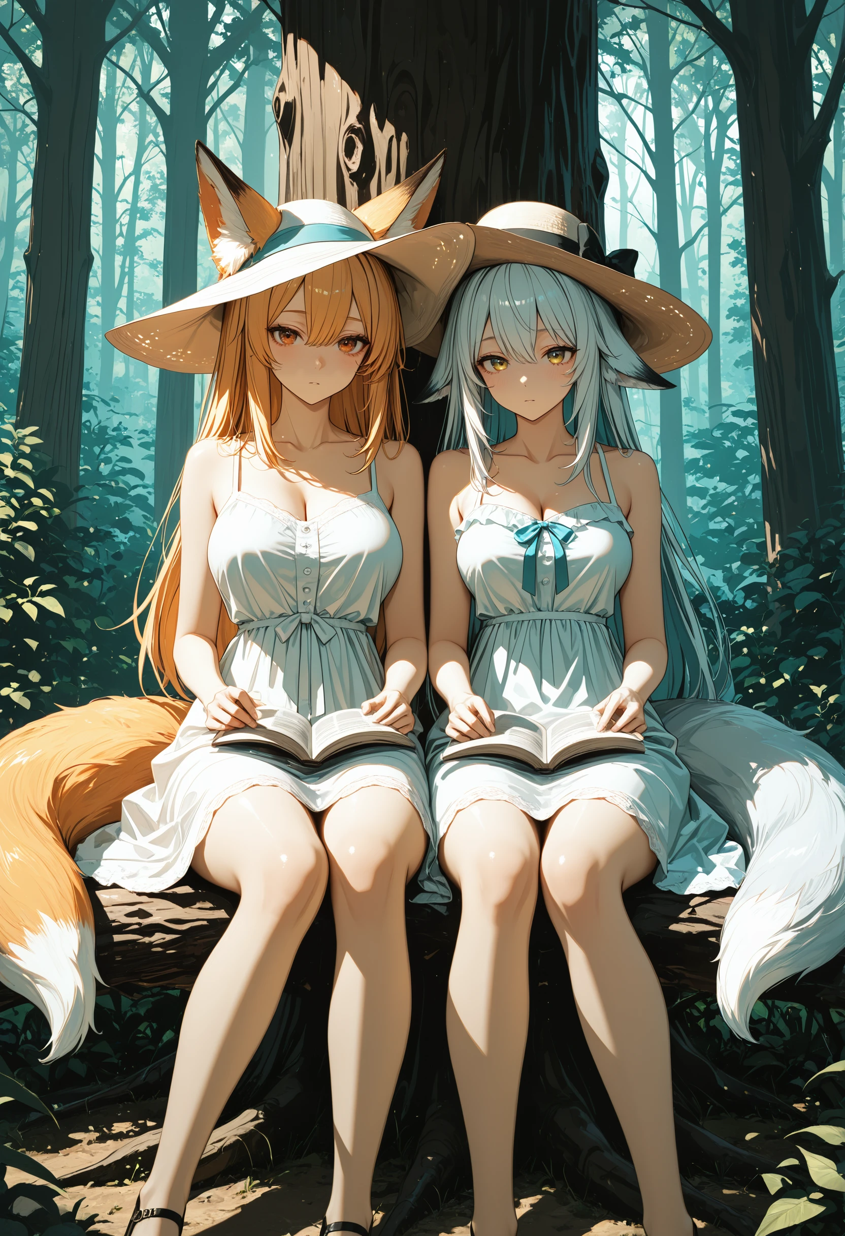 masterpiece, best quality, newest, absurdres, highres,
duo, side-by-side, foxgirl, fox ears, fox tail, sitting under a tree, reading a book, sundress, sunhat, forest, focused expression,