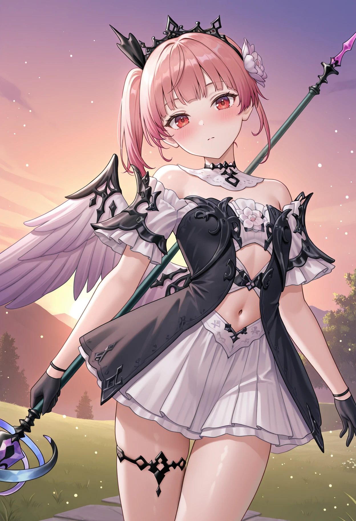 highres, best quality, masterpiece,
1girl, solo, atlydie, pink hair, short hair, one side up, side ponytail, red eyes,
alydwor, hair flower, black tiara, detached collar, black choker, white collar, off-shoulder dress, black dress, short sleeves, white sleeves, white crop top, black gloves, white skirt, navel cutout, thighlet, thigh strap, wings,
wor_staff, holding staff,
blush, looking at viewer,
dynamic pose, head tilt, holding polearm,
outdoors, sidelighting, light particles, sunset,
<lora:_lydie_atelier-elesico-ilxlB:1>