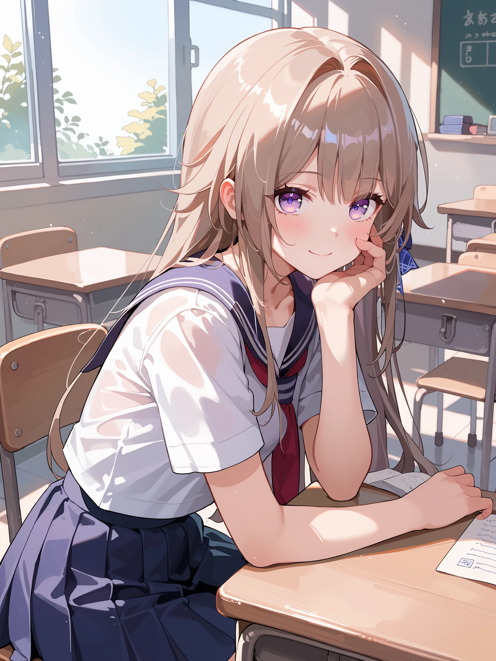 score_9, score_8_up, score_7_up, source_anime, ray tracing, best quality, <lora:Char-HonkaiSR-Herta-V4-Pony:0.8:hr=0.6>, 1girl, solo, herta \(honkai: star rail\), solo, school uniform, serafuku, sitting, school desk, school chair, hand on own chin, from side, looking at viewer, light smile, blush, window, floating hair, sunbeam, depth of field