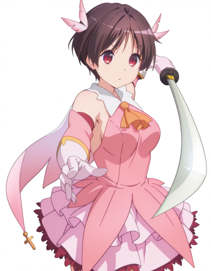 masterpiece, best quality, amazing quality,, <lora:kumin-tsuyuri-s2-illustriousxl-lora-nochekaiser:1>, kumin tsuyuri, short hair, brown hair, red eyes, mature female, medium breasts, anime screencap, <lora:prisma-illya-cosplay-illustriousxl-lora-nochekaiser:1>, prisma illya cosplay, prisma illya (cosplay), dress, elbow gloves, feather hair ornament, feathers, frilled dress, frills, gloves, hair ornament, layered gloves, magical girl, orange ascot, pink dress, pink feathers, pink gloves, pink sleeves, white gloves,, <lora:gatotsu-stance-illustriousxl-lora-nochekaiser:1>, gatotsu stance, weapon, sword, katana, holding weapon, holding, holding sword, foreshortening,, , <lora:transparent-background-illustriousxl-lora-nochekaiser:1>, transparent background, simple background, white background