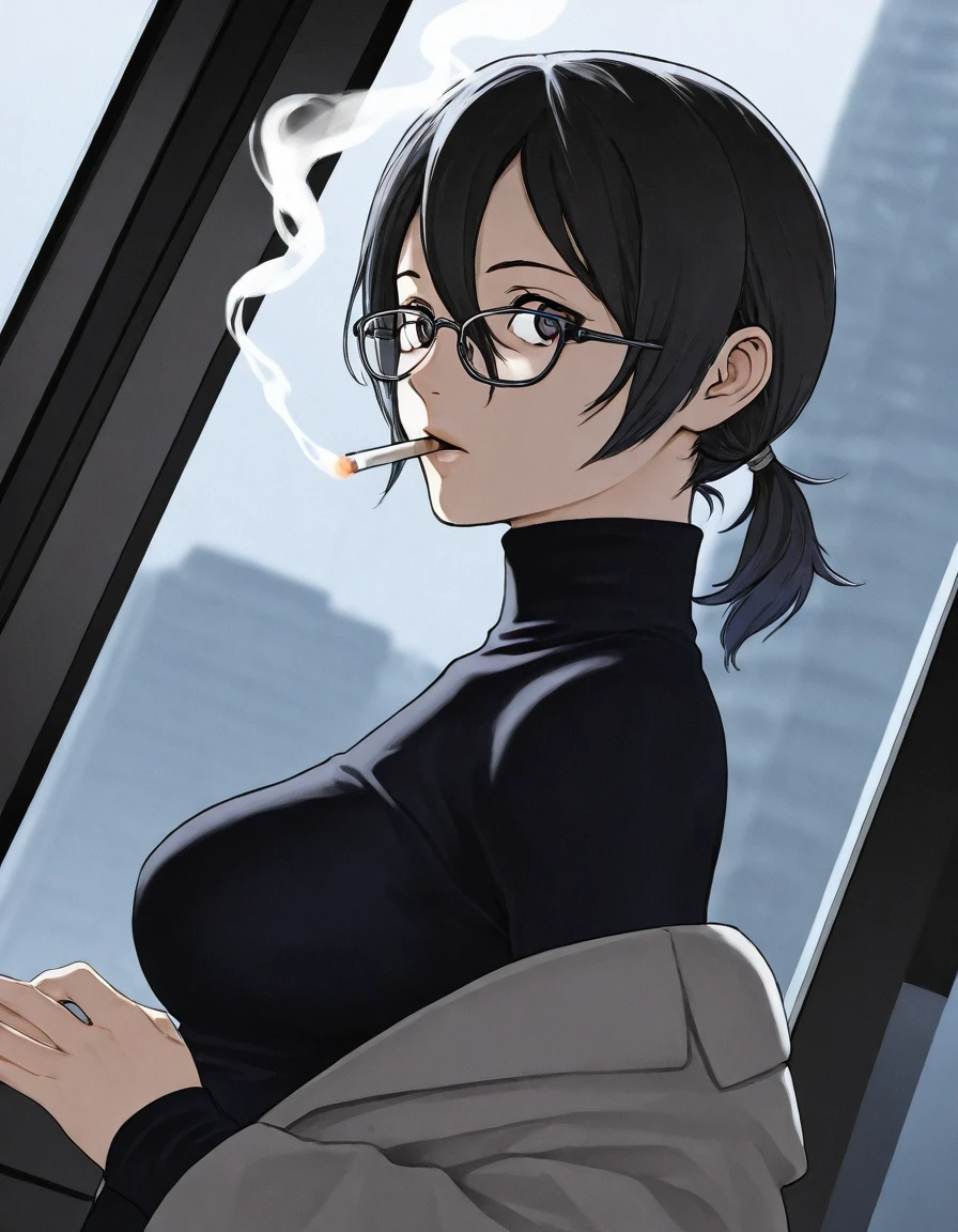 1girl, turtleneck, glasses, smoking, from side, looking at window, low ponytail, hair between eyes, looking at viewer, dutch angle,
,<lora:inouse_kiyoshirou_old_style_illustrious01_v1-000009:1>