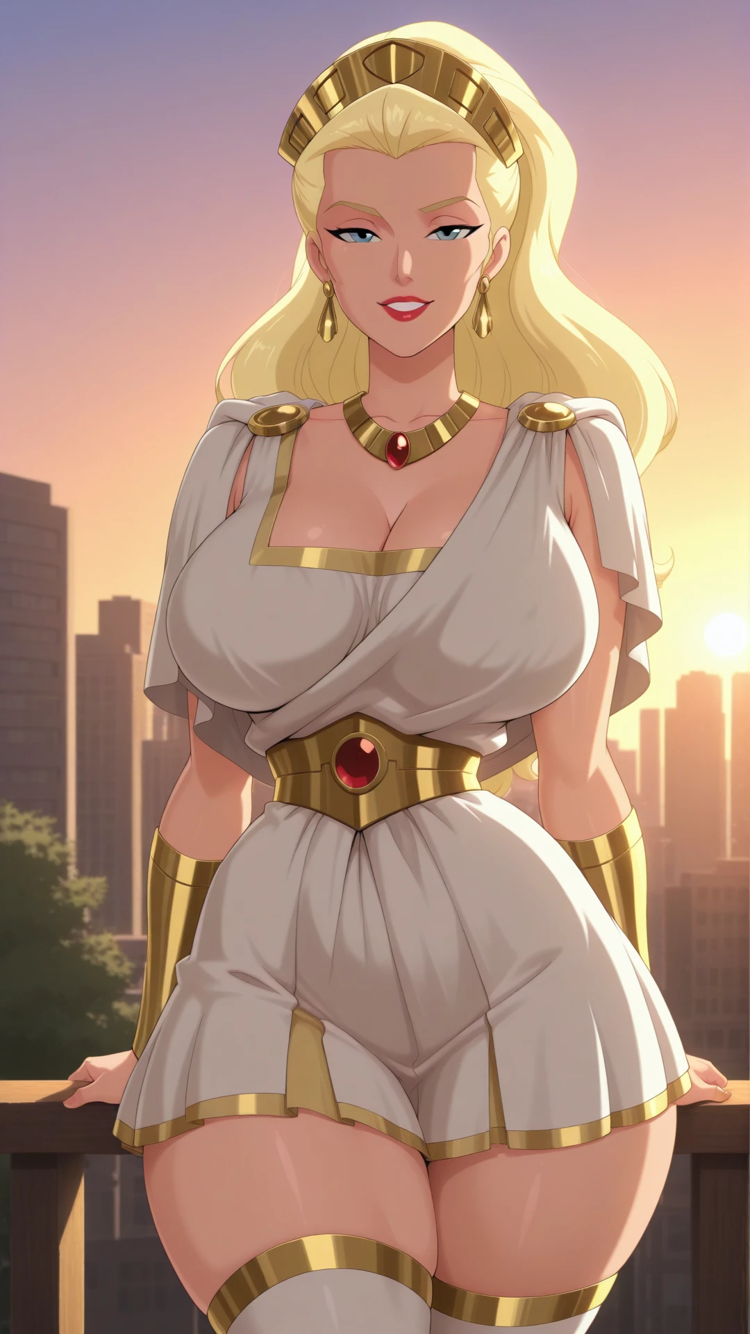 anime coloring, dramatic lighting, intricate details, masterpiece, best quality, absurdres, depth, Hippolyta_XL, jewelry, earrings, necklace, hair pulled back, hair slicked back, crown, cheekbones, high cheekbones, ponytail, greek clothes, toga, smile, parted lips, teeth, city, suburban, sunset, sunlight, looking at the viewer, smile, seductive smile, big breasts, curvy figure, narrow waist, thick thighs, thigh highs, curvy hips, big hips, lipstick, red lips <lora:Hippolyta_XL-05:0.9>