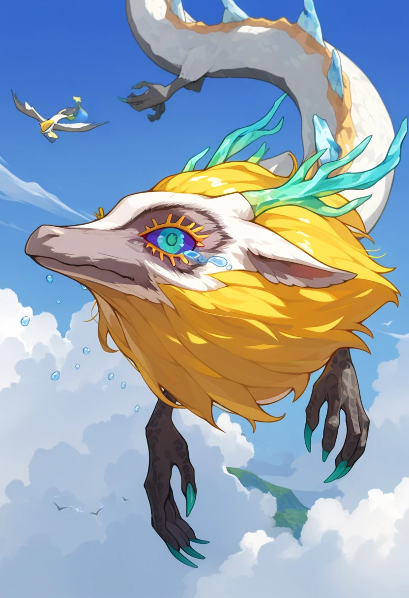 <lora:TLOZ_LightDragon_a1_6_NoobXL-eps:1>,<lora:EatSleep1111StyleSDXL11:0.7>,<lora:merrytailSDXLstyle:0.3>,eatsleep1111,merrytail,masterpiece,best quality,amazing quality,high quality,very aesthetic,absurdres,newest,shaded,digital media \(artwork\),depth of field,solo,tlozlgtdrg,feral,detailed background,blue eyes,purple sclera,green pupils,three-quarter view,pose,sky,flying,three-quarter portrait,tears,