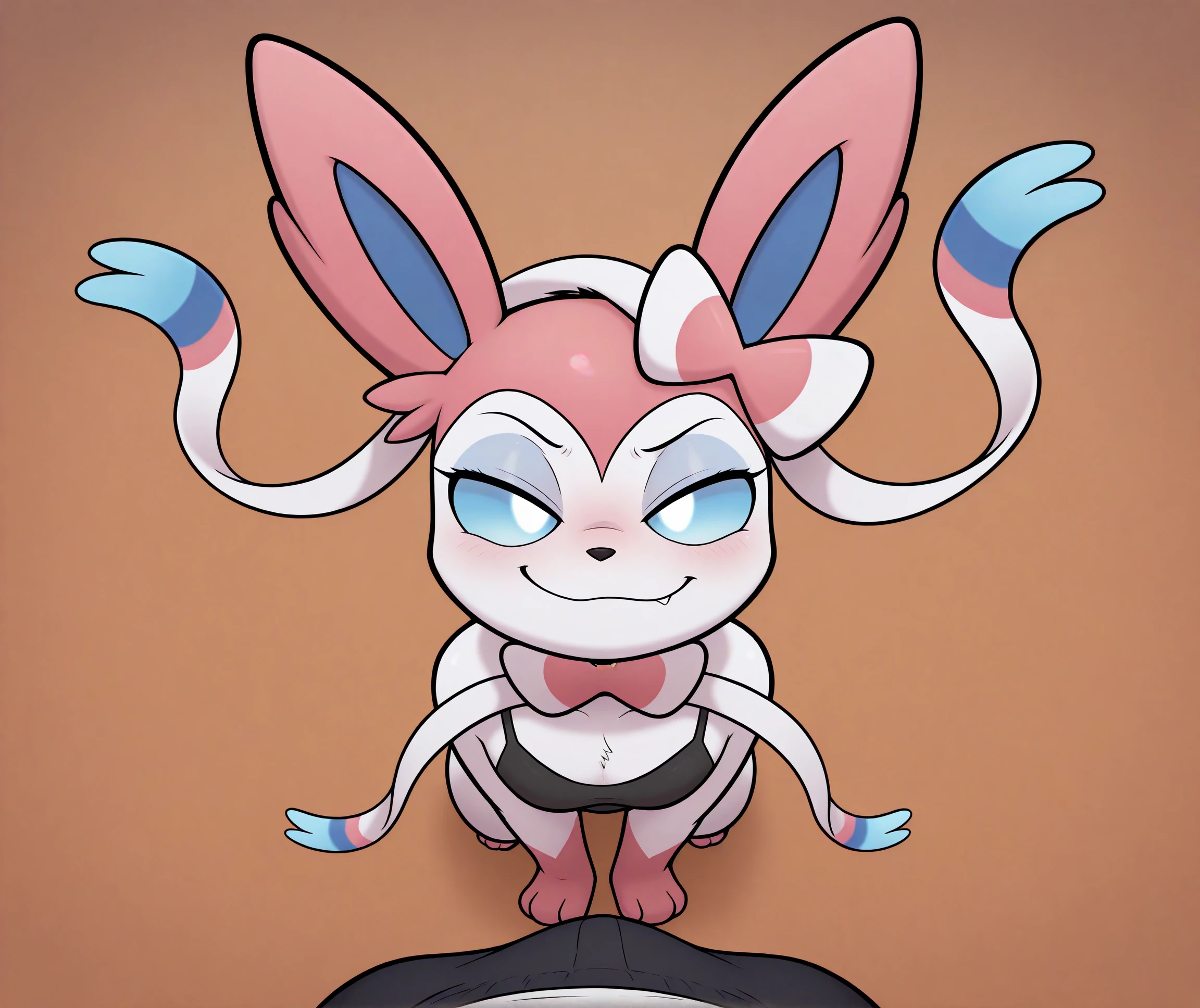 <lora:Pikajota_Style_Illustrious_r1:0.7>, pikajota, by pikajota, masterpiece, best quality, 2024, 2023, hi res, sylveon, anthro, pokemon (species), pokemon, eeveelution, bow ribbon, multicolored hair, ribbons, white body, on a sandy dune, from above, high angle, contempt, one-sided smirk, narrowed eyes, raised brow, clothed, clothing