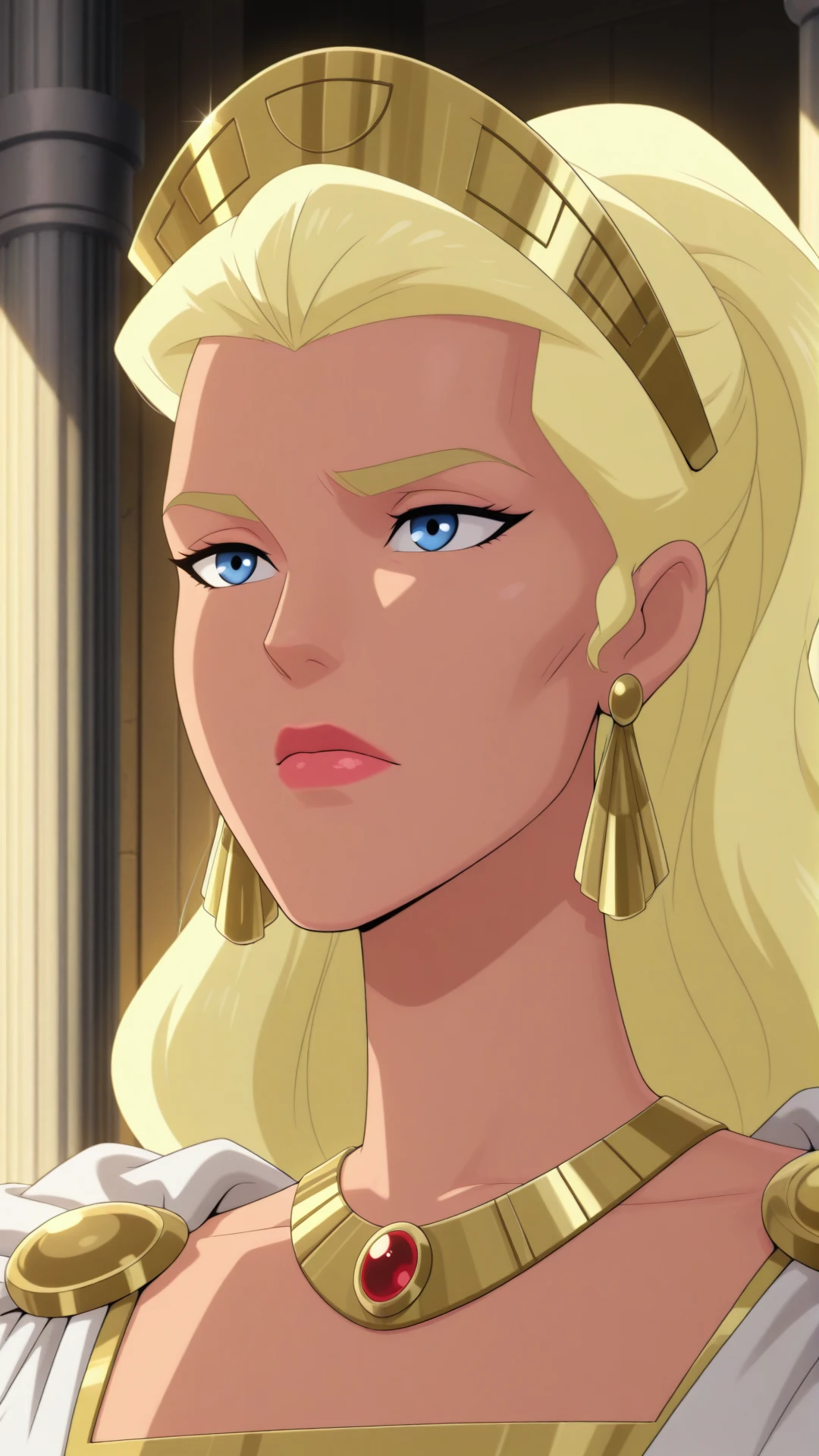 anime coloring, dramatic lighting, intricate details, masterpiece, best quality, absurdres, depth, Hippolyta_XL, jewelry, earrings, necklace, hair pulled back, hair slicked back, crown, cheekbones, high cheekbones, ponytail, 1girl, solo, closed mouth, jewelry, earrings, makeup, lipstick, headdress, pillar, scene reference, column, <lora:Hippolyta_XL-05:0.9>