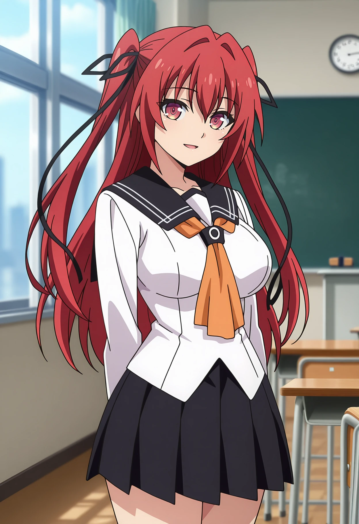 anime screencap, masterpiece, best quality,
<lora:ShinmaiMaouNoTestament_NaruseMio_IlluXL:0.9>,
1girl, solo, open mouth, light smile,
two side up, hair between eyes, long hair, red hair, multicolored eyes, hair ribbon, black ribbon,
black sailor collar, white shirt, orange neckerchief, pleated skirt, black skirt,
standing, looking at viewer, cowboy shot,
indoors, chalkboard, desk, window, photo background, blurry background