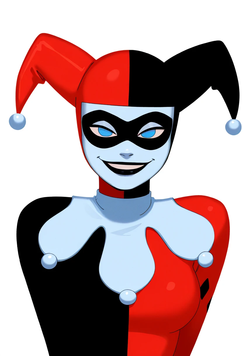 best quality, amazing quality, very aesthetic, absurdres,
1girl, harleyquinn, domino mask, jester cap, blue eyes, no pupils, black lips,
bodysuit,
smile, upper body, looking at viewer, solo, simple background, white background, <lora:HarleyQuinn1992NoobXL_byKonan:1>