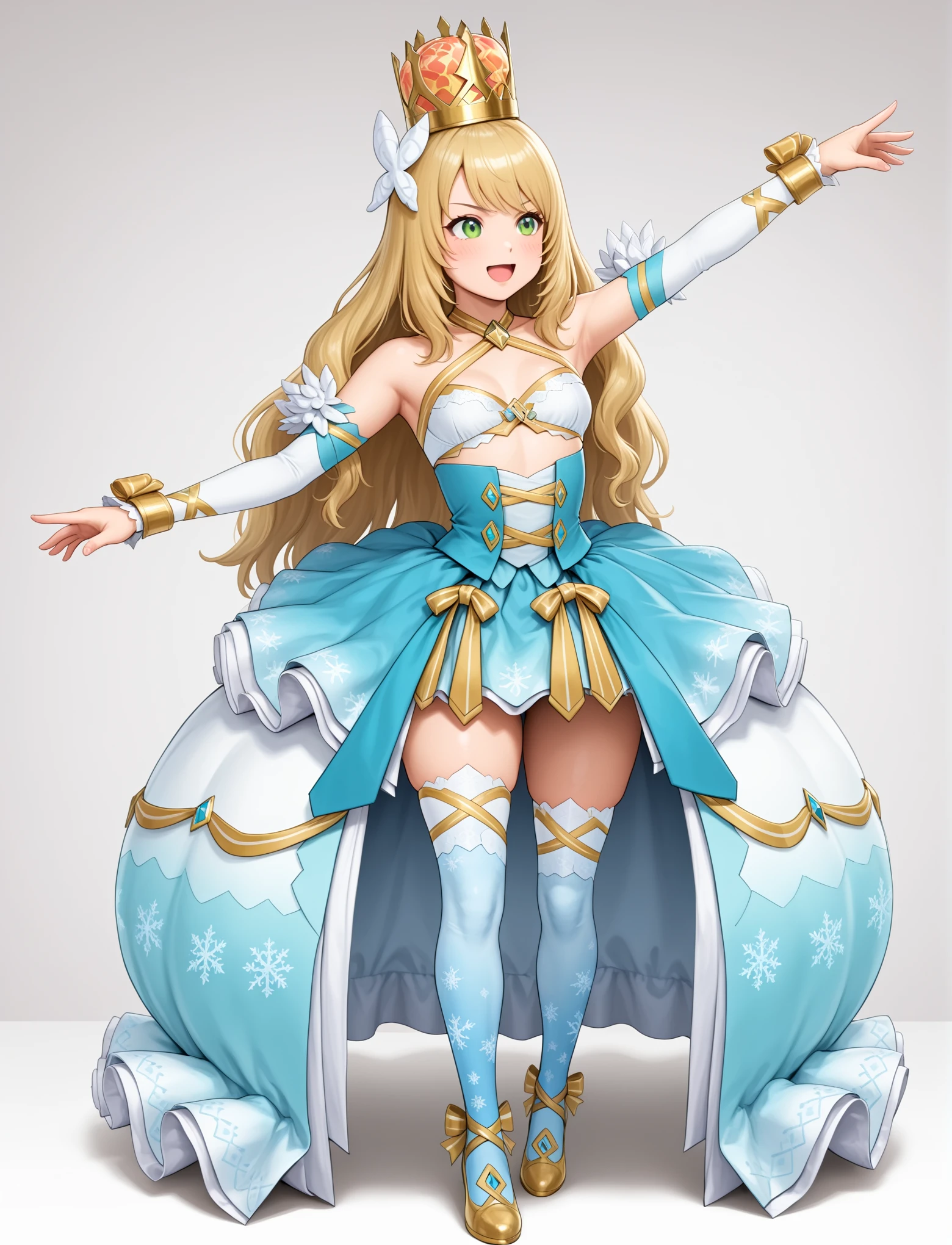 full body, dancing, 1girl, sexy, dynamic pose,
<lora:LECO-mature_female_XL(ill)v11:2> , young, thick thighs,
<lora:NiflOutfit:1> NiflOutfit, ice print, blue and white outfit, alternate costume, gold armor, halterneck, white bra, blue dress, sleeveless, detached sleeves, wrist bow, hoop skirt, white print thighhighs
<lora:d05lffte878c73am8tmg:1> celine, long hair, blonde hair, crown, hair ornament, green eyes, small breasts,, masterpiece, best quality, amazing quality, very aesthetic, absurdres, newest