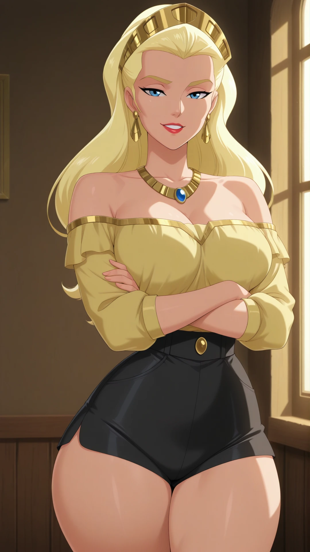 anime coloring, dramatic lighting, intricate details, masterpiece, best quality, absurdres, depth, Hippolyta_XL, jewelry, earrings, necklace, hair pulled back, hair slicked back, cheekbones, high cheekbones, 1girl, solo, shirt, jewelry, collarbone, upper body, earrings, parted lips, off shoulder, necklace, lips, window, yellow shirt, off-shoulder shirt, shorts, black shorts, thick thighs, narrow waist, big hips, curvy hips, bare shoulders, looking at the viewer, smile, seductive smile, crossed arms, ((perfect eyes)), lipstick, red lips,perfect lips <lora:Hippolyta_XL-05:0.8>