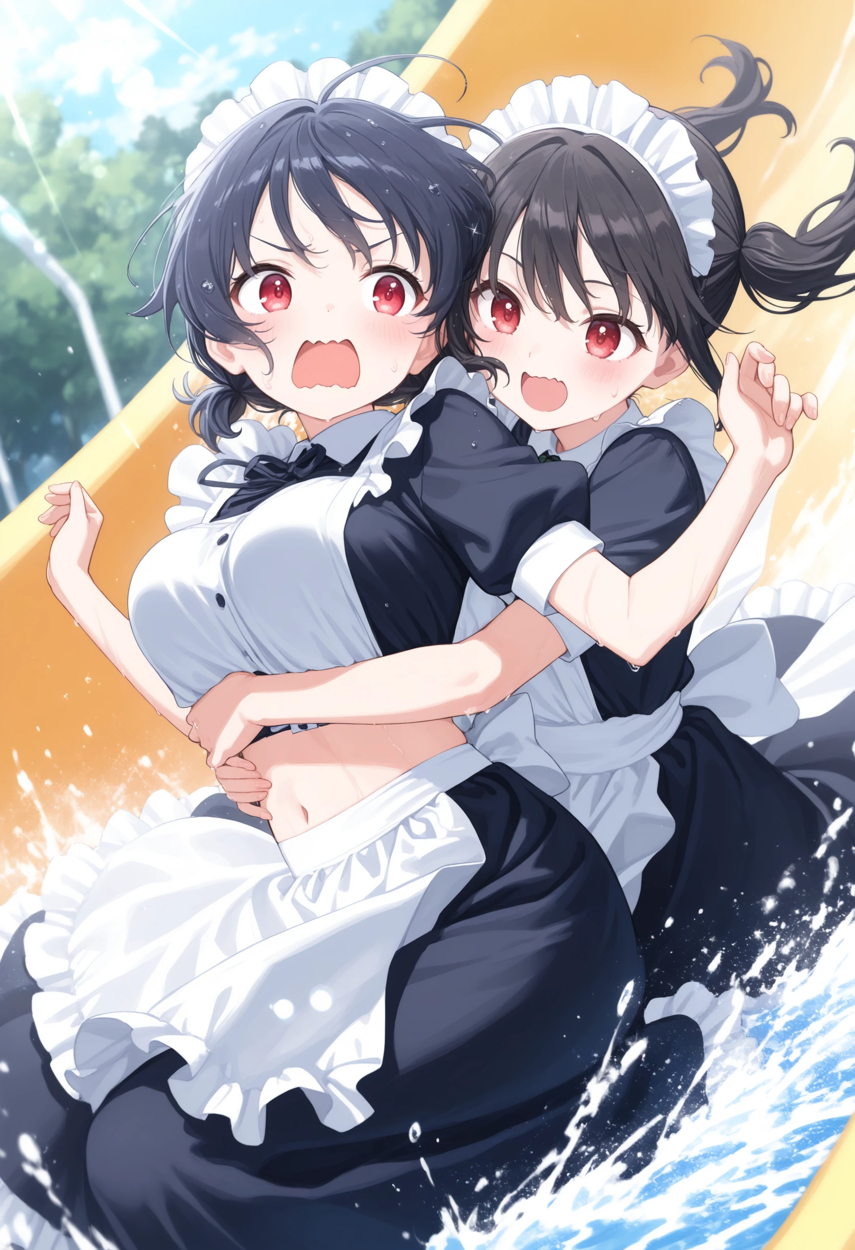 2girls,(sho \(sho lwlw\):0.7),(toosaka asagi:0.5),(sincos:0.3),solo,
masterpiece, best quality, newest, absurdres, CG, anime, source anime, illustration,
maid,maid headdress, long skirt, medium breasts, navel,
water slide, water,  splashing,  water drop, sweatdrop, wet,wet hair, wet clothes,  floating hair, open mouth,  day,outdoors, sparkle, lens flare,  sunlight, blush,
multiple girls, hug from behind, lying,
<lora:waterslide_Illust_v1:0.8>
from side, cinematic angle, looking ahead, black hair, red eyes,wavy mouth, short twintails hair,