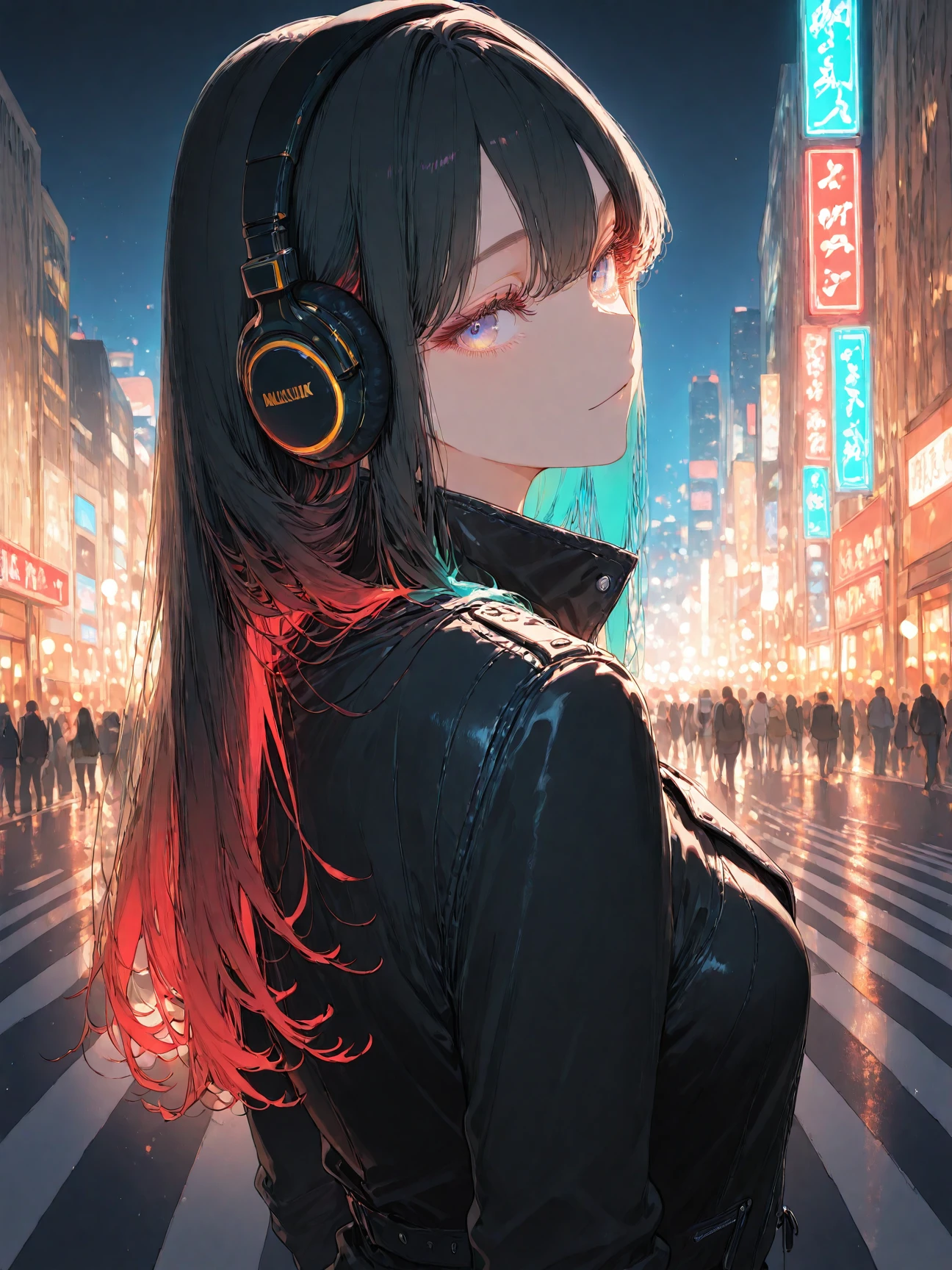 masterpiece, best quality, top quality, good quality, newest, highres, absurdres,
BREAK
very awa, absolutely eye-catching, illustration, CG,
BREAK
perfect composition, eye reflection, eyelashes, gradient eyes, 
BREAK
1girl, solo, , upper body, headphones, long hair, neon hair, black hair, red highlights, high collar, black jacket, leather jacket, walking, night cityscape, urban night, street scene, tokyo, shinjuku \(tokyo\), city lights, crosswalk, japanese street signs, traffic, bokeh, blurred background, depth of field, light particles, neon lighting, ambient lighting, night scene