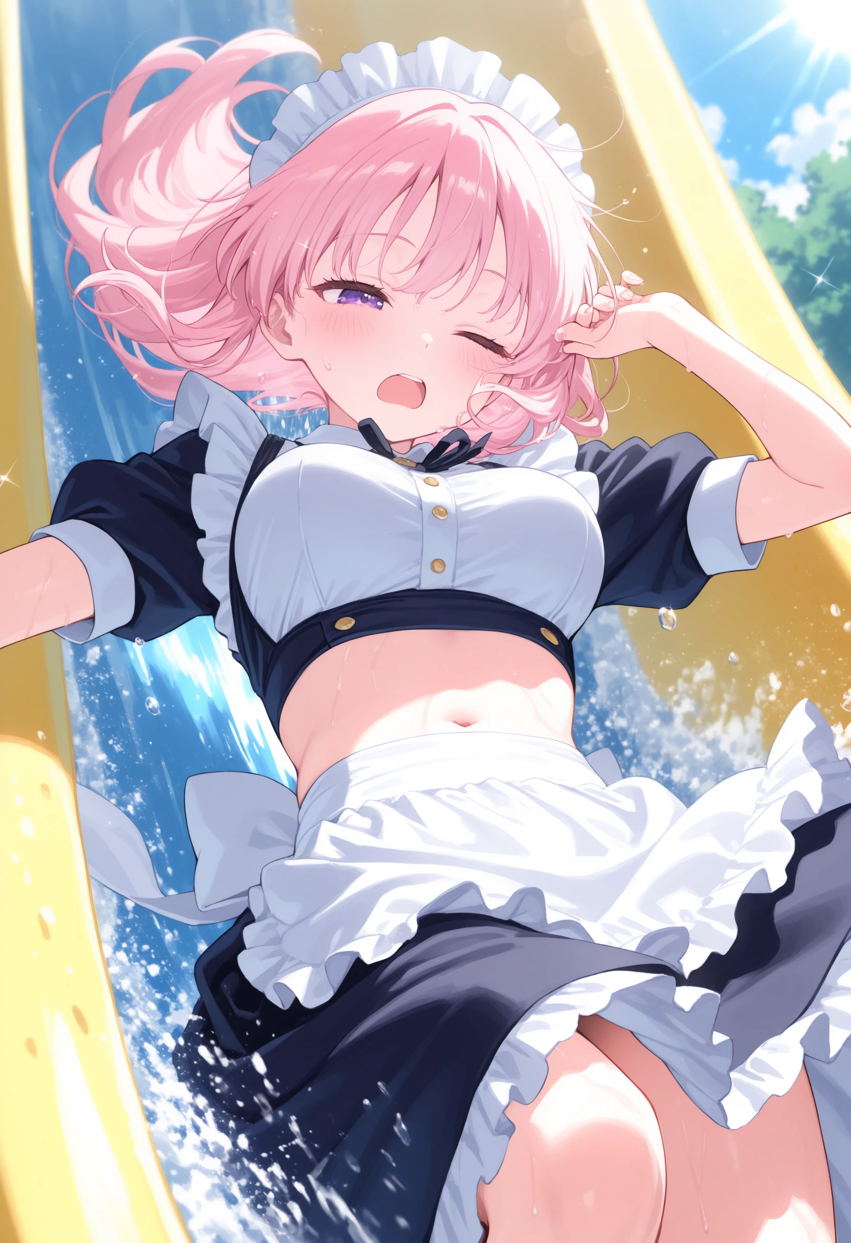 1girl,(sho \(sho lwlw\):0.7),(toosaka asagi:0.5),(sincos:0.3),solo,
masterpiece, best quality, newest, absurdres, CG, anime, source anime, illustration,
maid,maid headdress, long skirt, medium breasts, navel,
water slide, water,  splashing,  water drop, sweatdrop, wet,wet hair, wet clothes,  floating hair, open mouth,  day,outdoors, sparkle, lens flare,  sunlight, blush,
<lora:waterslide_Illust_v1:0.8>
from below, portrait, looking away, pink hair, purple eyes,sleepy, lightly curled inwards hair,