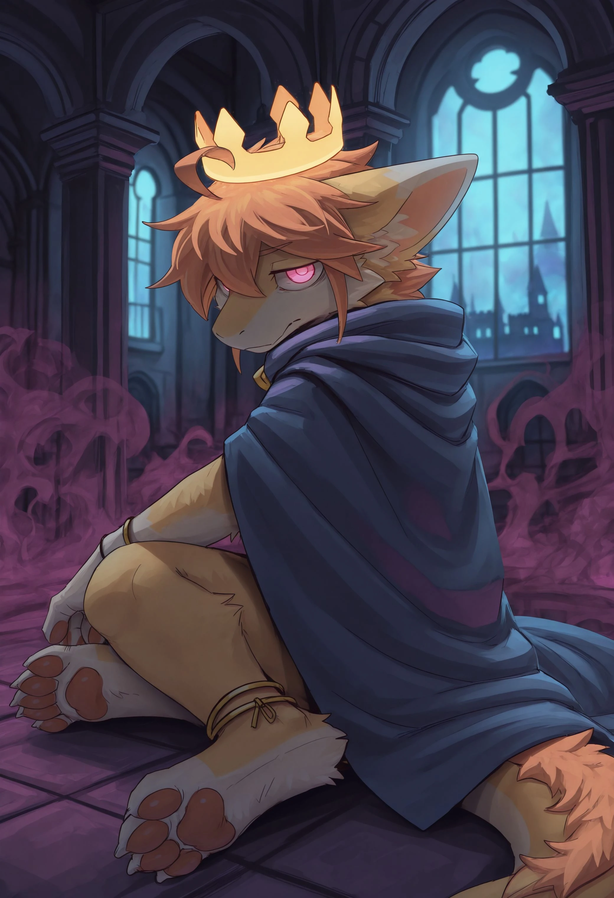 best quality, amazing quality, very aesthetic, absurdres, newest, kuttoyaki, male focus, furry, furry male, 1boy, solo, ahoge, orange body, orange hair, pink eyes, glowing crown, anklet, blue cape, purple smoke, eery glow, blurry background, castle room, inside, detailed background, looking at viewer, <lora:Kutto_Kuttoyaki_Illustrious:1>