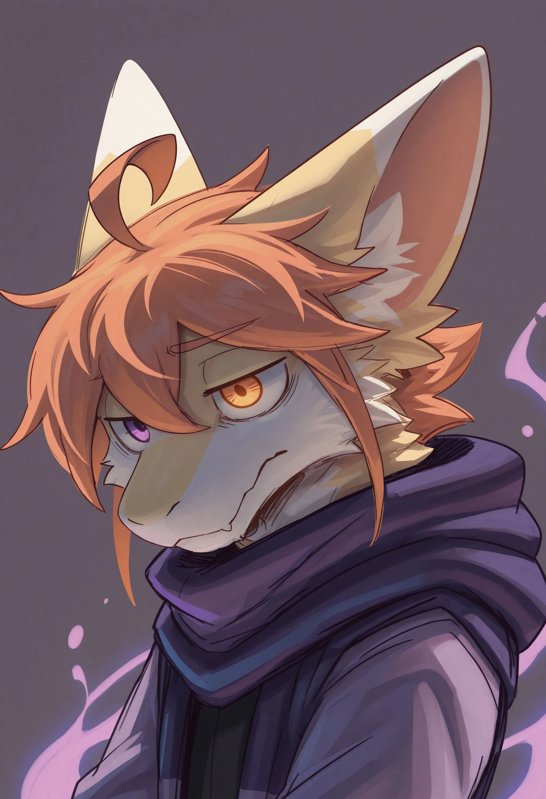 best quality, amazing quality, very aesthetic, absurdres, newest, kuttoyaki, male focus, furry, furry male, 1boy, solo, ahoge, orange hair, heterochromia, left orange eye, right purple eye, purple mist, eery purple glow, simple background, <lora:Kutto_Kuttoyaki_Illustrious:1>