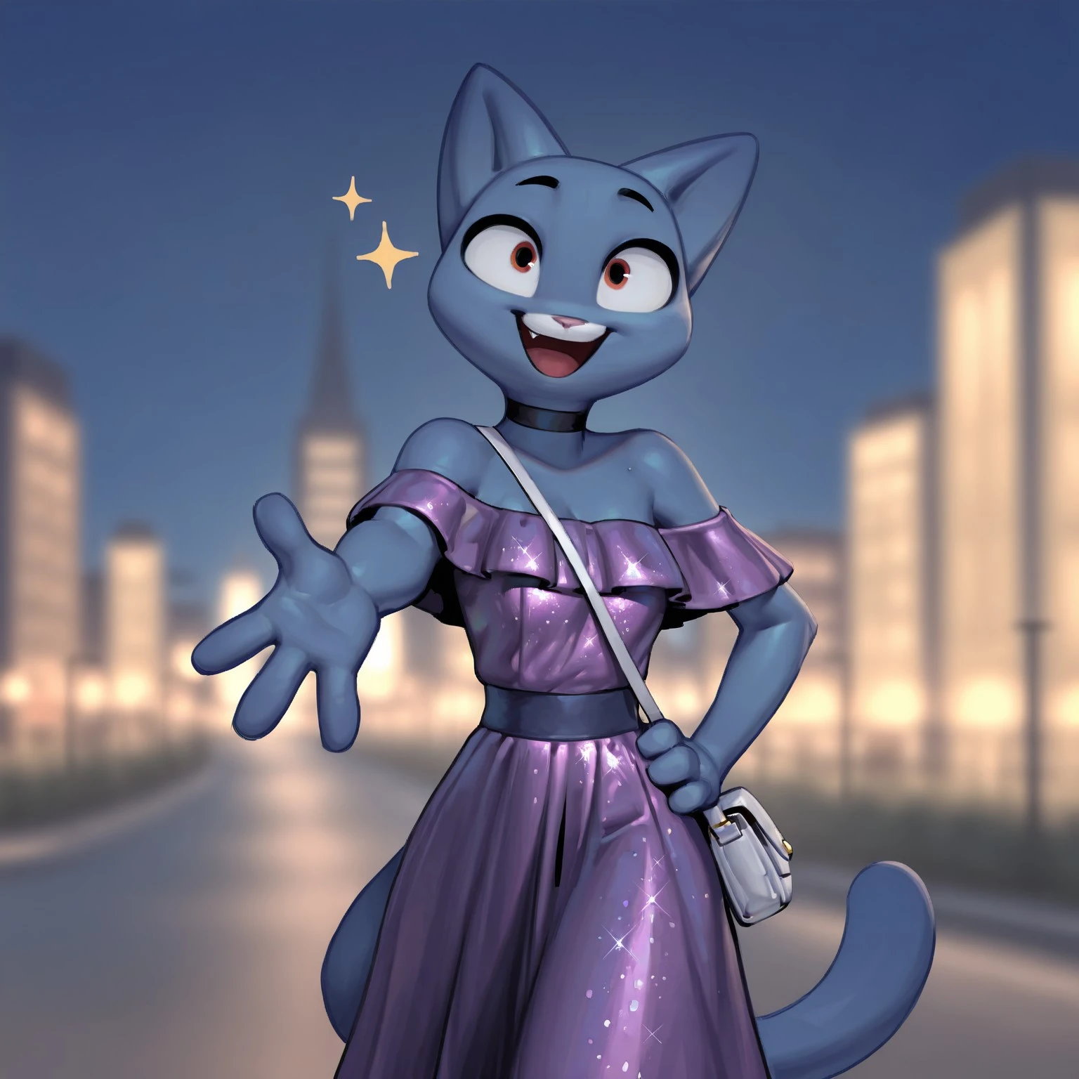 8k, masterpiece, best quality, highly detailed, realistic, 1girl, solo, NicoleQS, female furry, anthro, feline, cat, black eyebrows, orange eyes, black pupils, pink nose, white fang, blue body, blue tail, (purple dress, long dress, sparkling dress, white shoulder purse), smile, (looking at viewer), walking, outdoors, night sky, city, detailed background, open mouth, (4 fingers, hand on hip, reaching out), front view, portrait, happy, excited, bare shoulders, black choker
