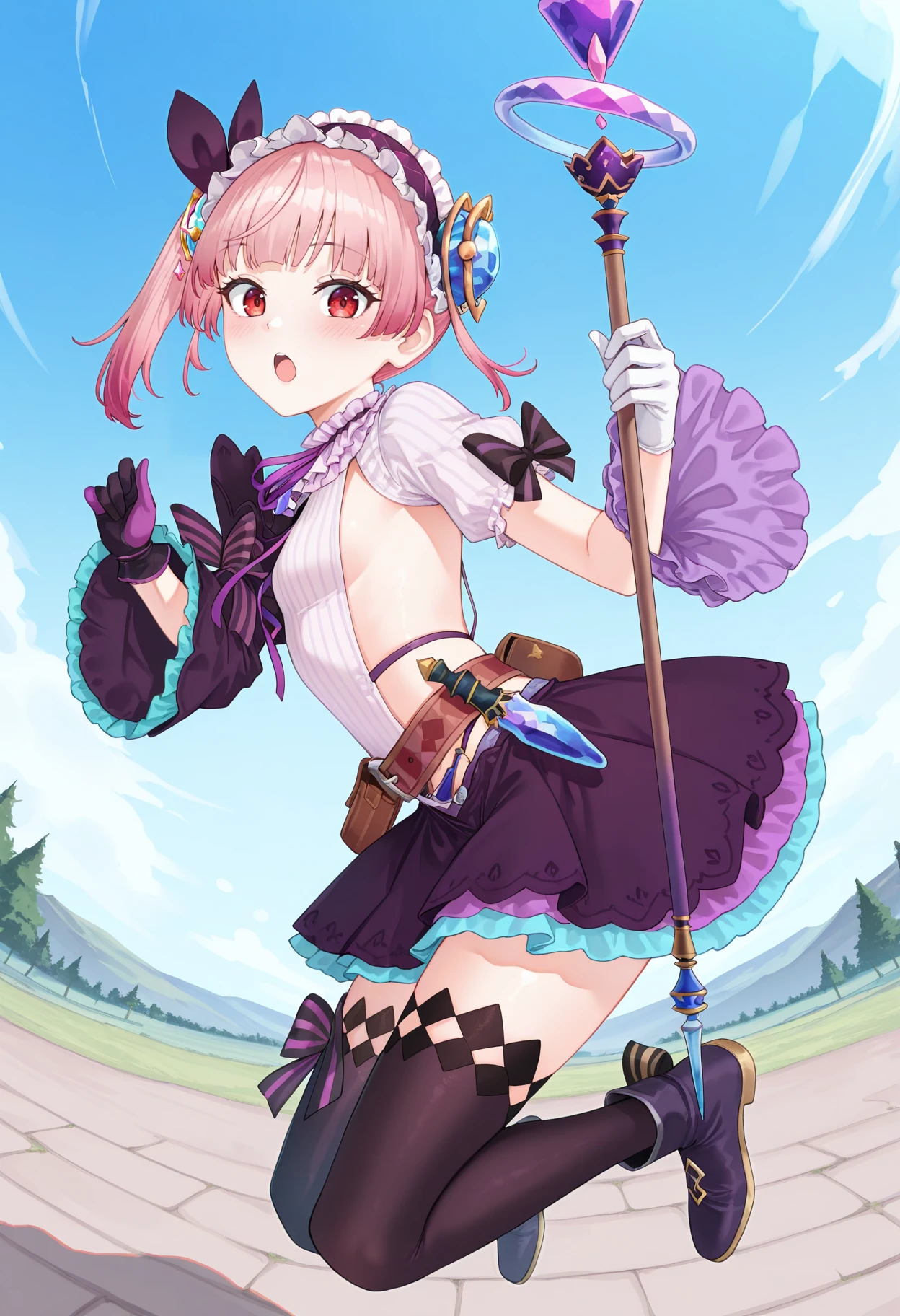highres, best quality, masterpiece, outdoors,
1girl, solo, atlydie, pink hair, short hair, one side up, side ponytail, red eyes,
alyddef, gem hair ornament, frilled hairband, hair ribbon, frilled collar, purple ribbon, vertical-striped shirt, sideless outfit, puffy short sleeves, single detached sleeve, sleeve bow, striped bow, black bow, frilled sleeves, mismatched gloves, belt, belt pouch, hip vial, layered skirt, purple skirt, black skirt, blue skirt, black thighhighs, leg ribbon,
def_staff, holding staff,
looking at viewer, blush,
jumping, open mouth,
fisheye, from side, dynamic pose, blue sky,
<lora:_lydie_atelier-elesico-ilxlB:1>