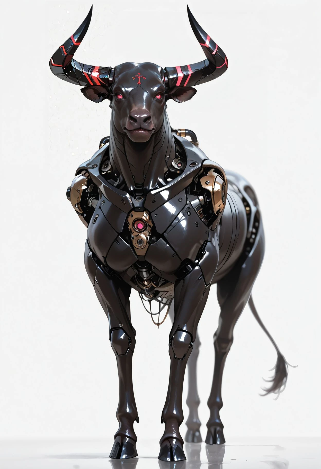 masterpiece, best quality, very aesthetic, absurdres, newest, depth of field,realistic, goth girl <lora:gothic_niji_style_ilxl_goofy:0.8>
bull, glowing horns, hooves, horns, no humans, simple background, white background ,cyborg, mechanical parts, metal, robotics