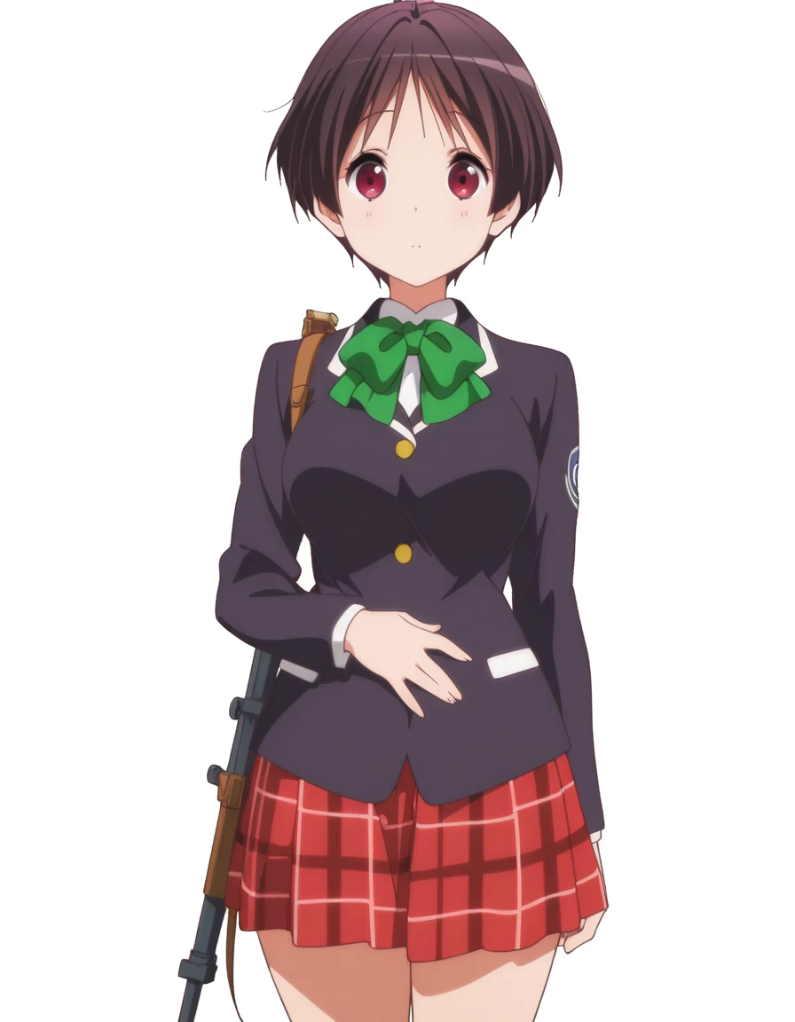 masterpiece, best quality, amazing quality,, <lora:kumin-tsuyuri-s2-illustriousxl-lora-nochekaiser:1>, kumin tsuyuri, short hair, brown hair, red eyes, mature female, medium breasts, anime screencap, skirt, jacket, plaid, kneehighs, plaid skirt, blazer,, hand on stomach, blush,, armory, weapons, armor, storage_racks, military, cowboy shot, solo, looking at viewer, <lora:transparent-background-illustriousxl-lora-nochekaiser:1>, transparent background, simple background, white background