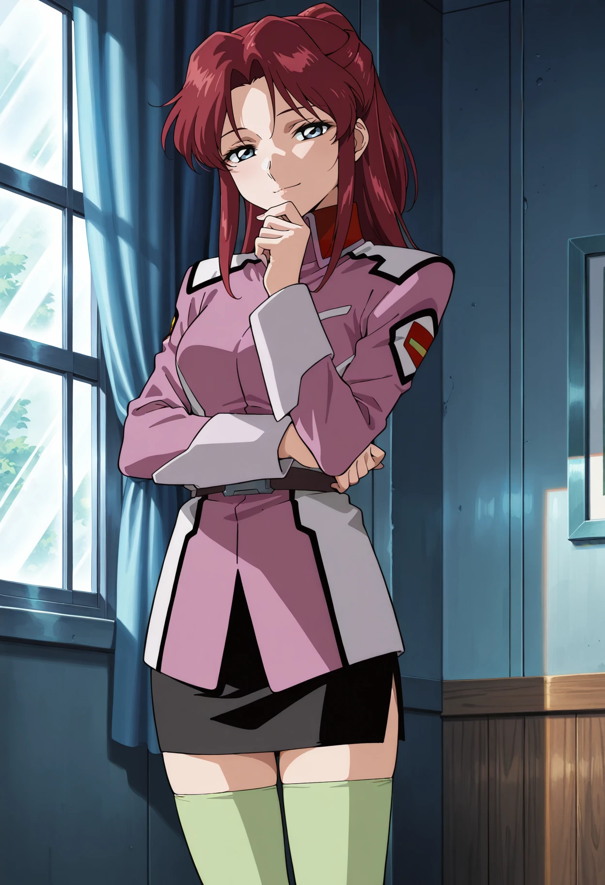 masterpiece,best quality,amazing quality,very aesthetic,absurdres, explicit,<lora:fray_a_IL1-000008:0.9> fray_a, 1girl, anime coloring, retro artstyle, solo, long hair, ponytail, red hair, half updo, parted bangs, sidelocks, blue eyes, fray military uniform, pink jacket, black skirt, pencil skirt, miniskirt, long sleeves, belt, zettai ryouiki, green thighhighs, medium breasts, looking at viewer, half-closed eyes, hand on own chin, light smile, standing, indoors, window, curtains,