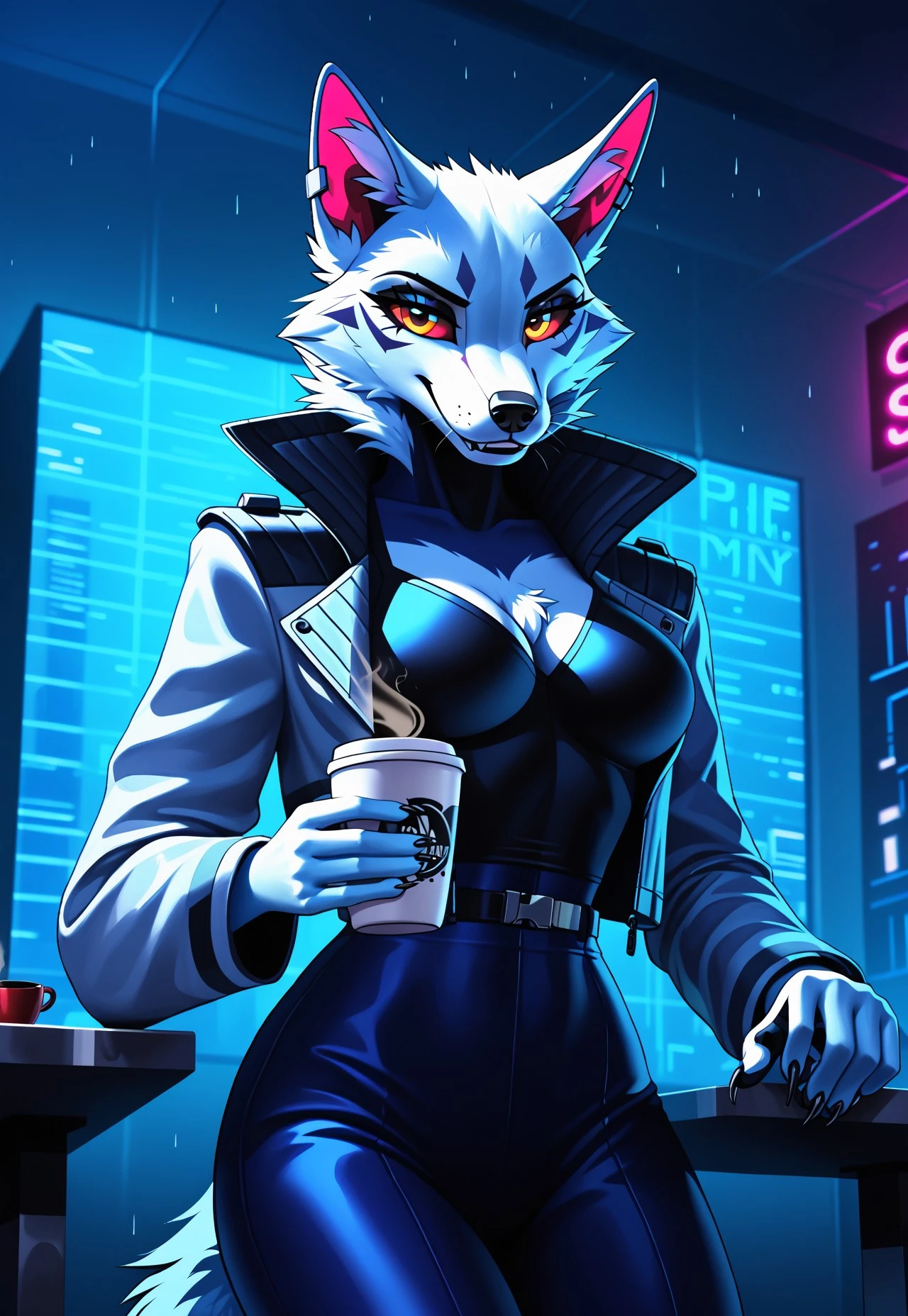 Coffee style, Sepia, furry, anthro, highres, super high resolution, 8k, furry, anthro, A dangerously elegant female arctic fox fur crime boss, draped in razor-sharp tailored white synth-fur coat, seated in a high-backed chair within her neon-lit penthouse. Cold, calculating eyes assess underlings, one clawed hand idly stroking a cyber-hawk. Glass cityscape sprawls below through rain-streaked windows. Style: Sleek cyberpunk, high fashion meets menace, cool white/blue lighting, sharp lines, detailed textures (synth-fur, chrome), air of absolute control. Mood: Ruthless, intelligent, ice-cold command