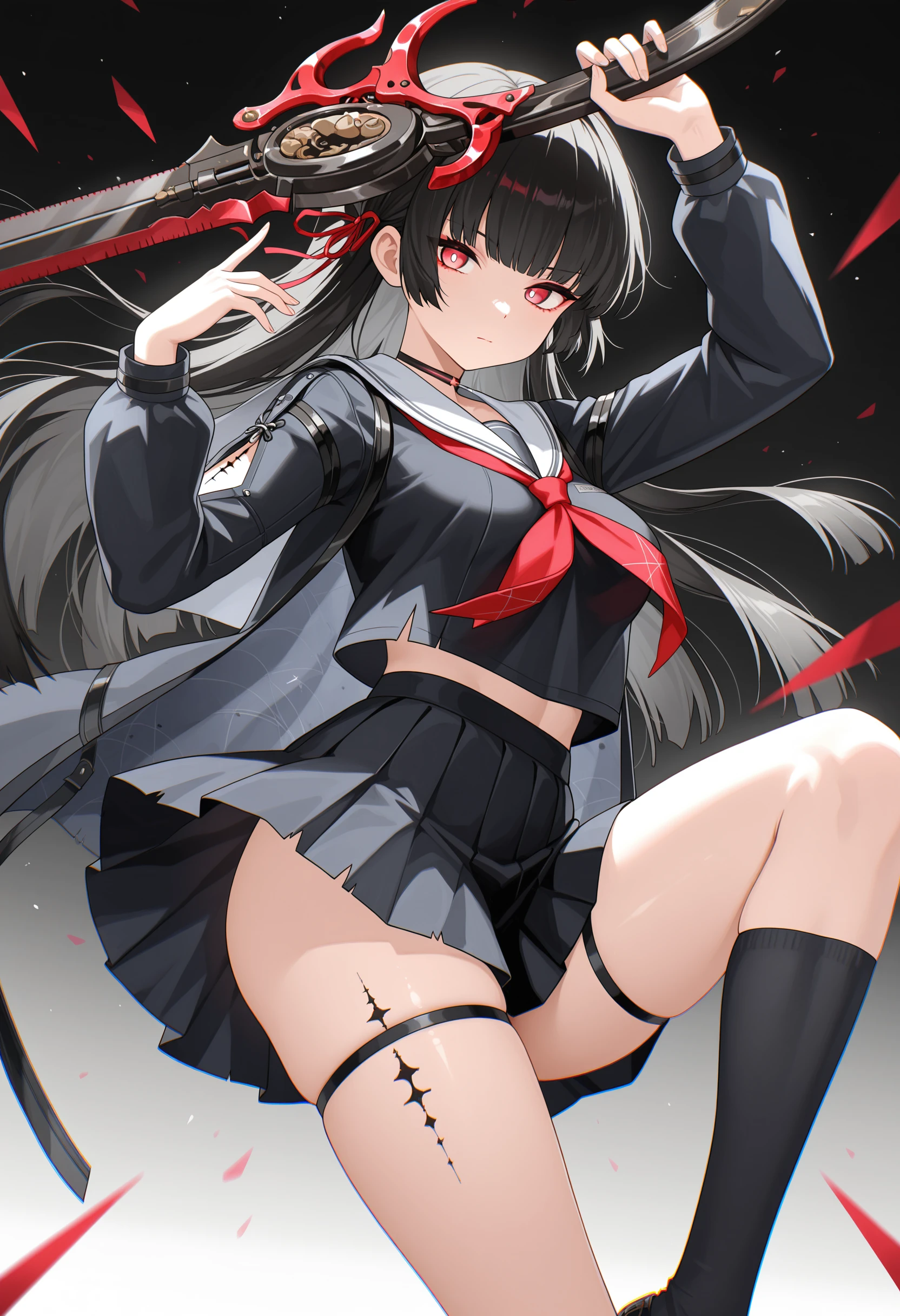,
masterpiece,best quality,amazing quality,
1girl,absurdres,black skirt,breasts,bright pupils,chisa \(wuthering waves\),chromatic aberration,closed mouth,feet out of frame,hand up,highres,holding,holding sword,holding weapon,leg up,long sleeves,looking at viewer,medium breasts,school uniform,serafuku,skirt,solo,sword,tacet mark \(wuthering waves\),thighs,weapon,white pupils,<lora:chisa100_xllora:0.8>