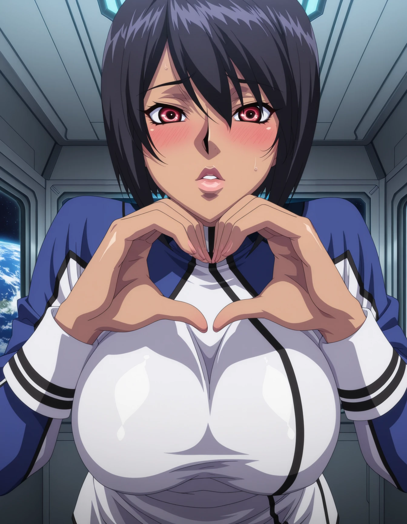 masterpiece,good quality,best quality,shadow,Naomi Evans,standing,bent over,heart hands,close-up,palm,upper body,portrait,1girl,solo,mature female,blush,looking at viewer,parted lips,embarrassed,black hair,short hair,red eyes,bangs,thick lips,military uniform,large breasts,indoors,spacecraft interior,window,space,earth \(planet\),<lora:anime_screencap:1>,anime screencap,anime coloring,kangoku senkan,5 fingers,lazypos,lazynsfw,shiny skin,<lora:Evans_Naomi_Kangoku_Senkan:1>,