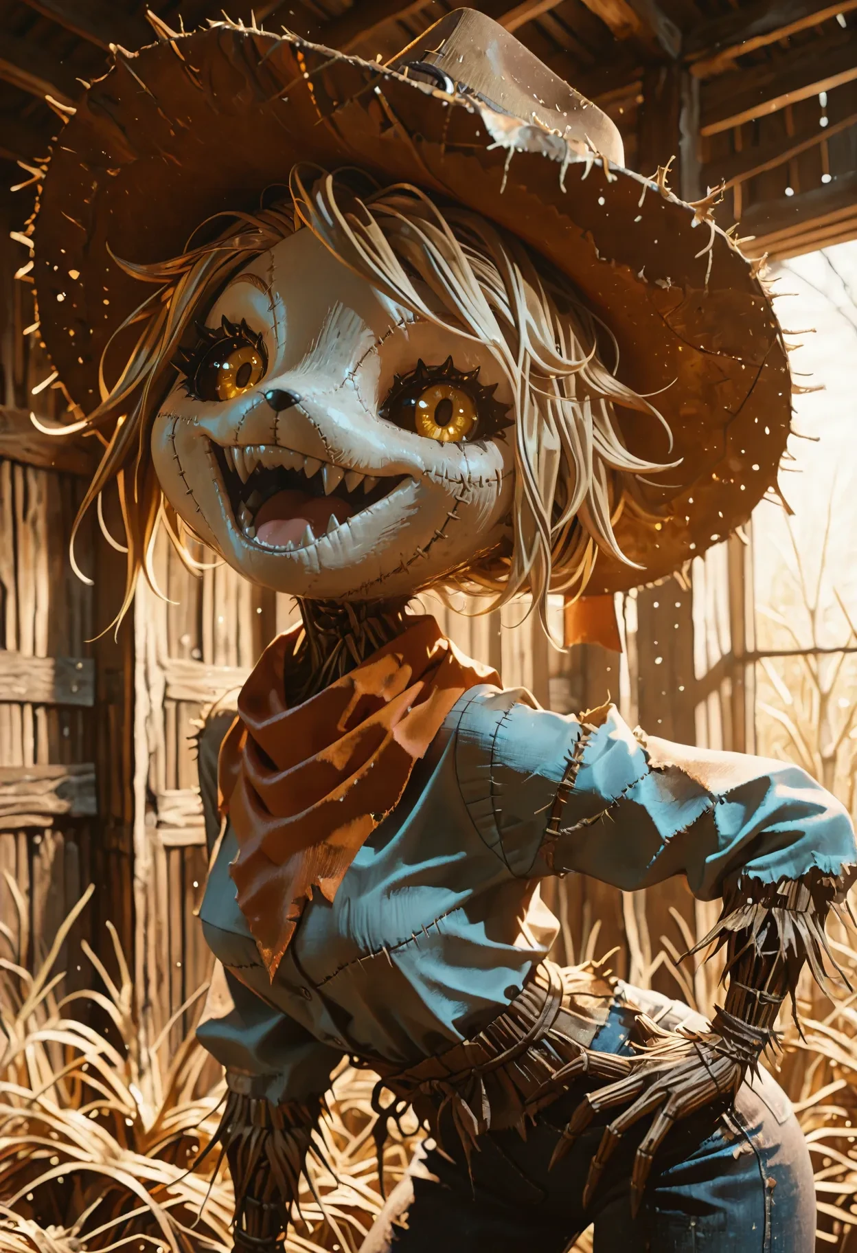 masterpiece, best quality, absurdres,
(straw body, scarecrow:1), 1girl, solo, female, round head, stitched face, chibi, anime eyes, blonde hair, short hair, smile, white face, yellow eyes, cute, cat nose, black nose, stitches, burlap clothing, sleeves, orange ascot, cowboy hat, standing, upper body, happy, open mouth, open smile, sharp teeth, backlighting, pixie cut, light blue shirt, dress shirt, sleeves rolled up, jeans, from side, from front, leaning forward, looking at viewer, torn clothing, hand on hip, looking at viewer, wink, black sclera, big eyelashes,
barn background, indoors, hay bales, hay,
<lora:Scarecrow Style v3 Ills975:1>