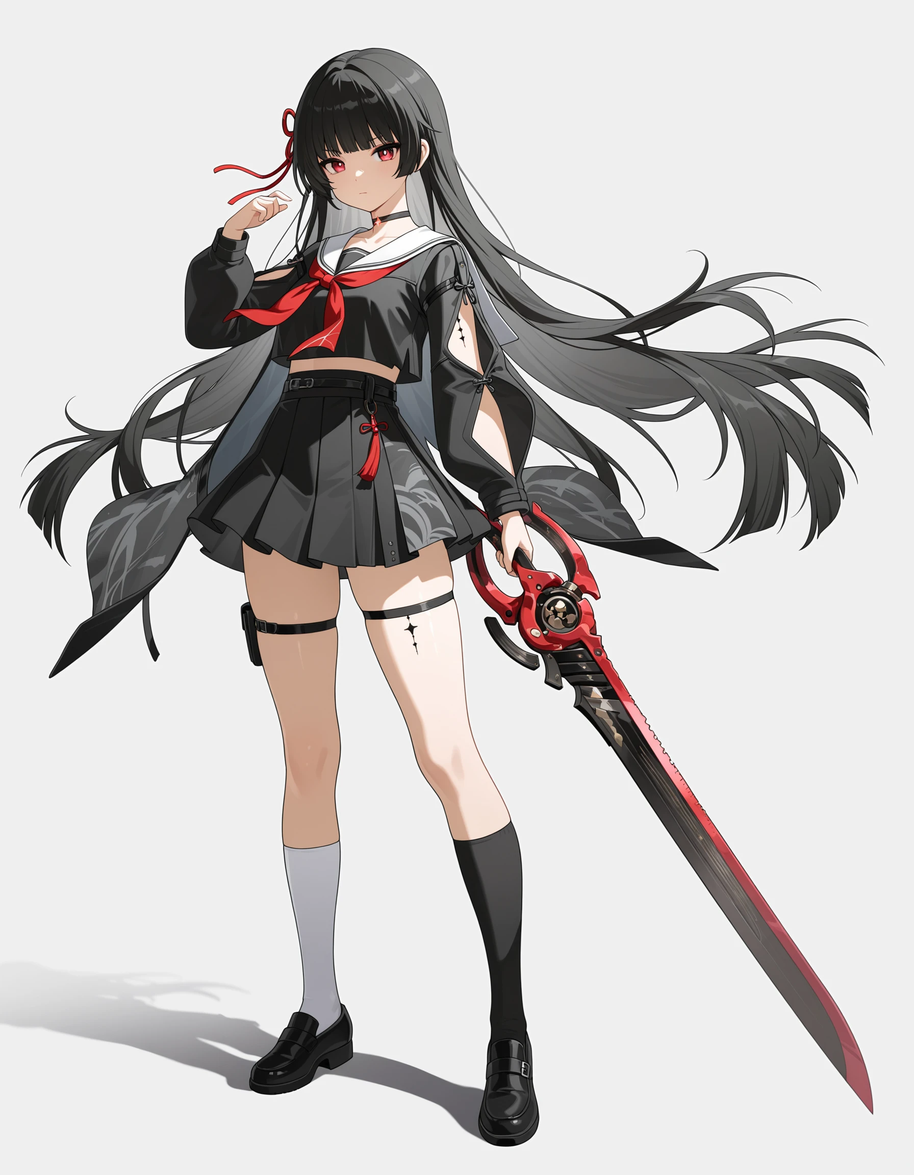 ,masterpiece,best quality,amazing quality,
1girl,absurdres,asymmetrical legwear,black shoes,black skirt,black socks,chisa \(wuthering waves\),closed mouth,full body,hand up,highres,holding,holding sword,holding weapon,long sleeves,looking at viewer,shoes,simple background,skirt,socks,solo,sword,tacet mark \(wuthering waves\),thigh strap,very long hair,weapon,white background,white socks,<lora:chisa100_xllora:0.6>