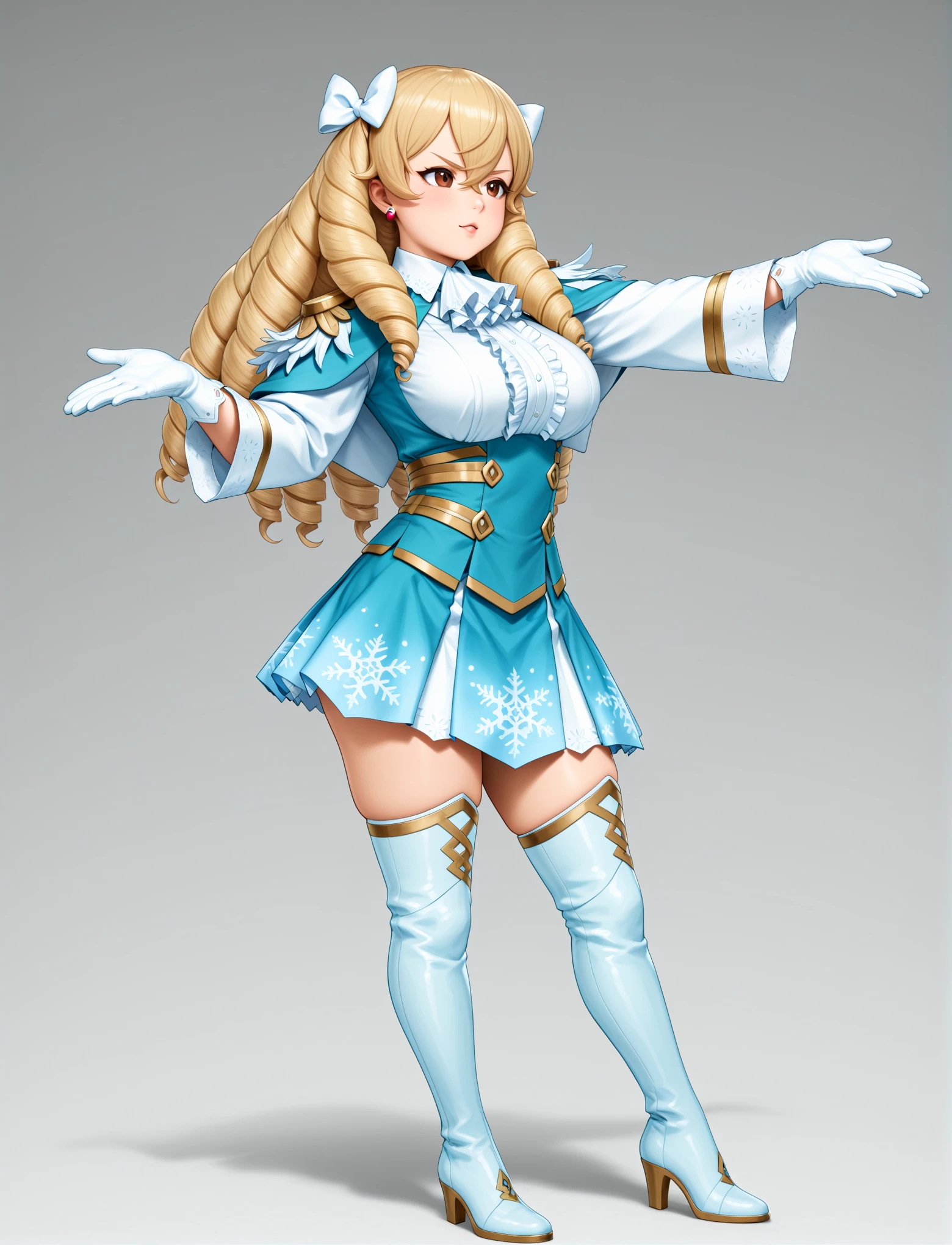 full body, dancing, 1girl, sexy, dynamic pose,
<lora:LECO-mature_female_XL(ill)v11:2> , young, thick thighs,
<lora:NiflOutfit:1> NiflOutfit, ice print, blue and white outfit, alternate costume, capelet, white ascot, center frills, gloves, white sleeves, thigh boots, skirt,
<lora:femaribelle-illu-nvwls-v1:1> mribl, blonde hair, hair between eyes, bangs, ringlets, long hair, brown eyes, hair bow, white bow, earrings, large breasts,, masterpiece, best quality, amazing quality, very aesthetic, absurdres, newest