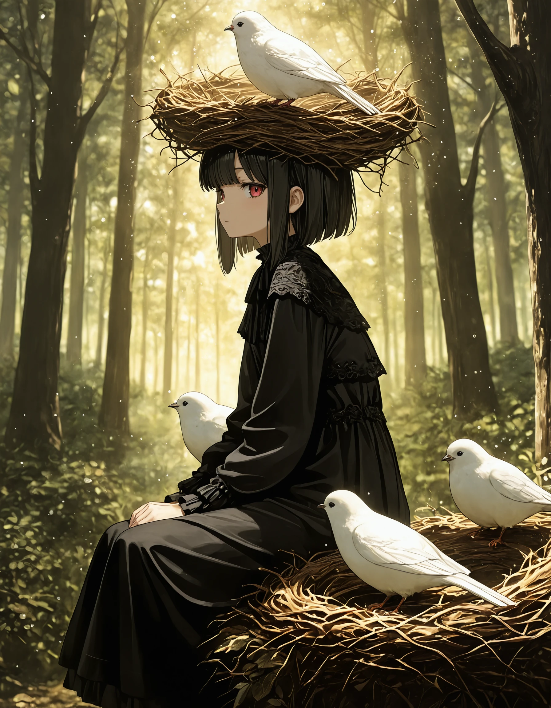 1girl with large bird's nest on head, white bird on head, outdoor, forest, sitting, side view, looking at viewer, god rays, hanging particles, <lora:bird_nest_on_head_ill_v1.0:0.8> bird_nest_on_head, gothic