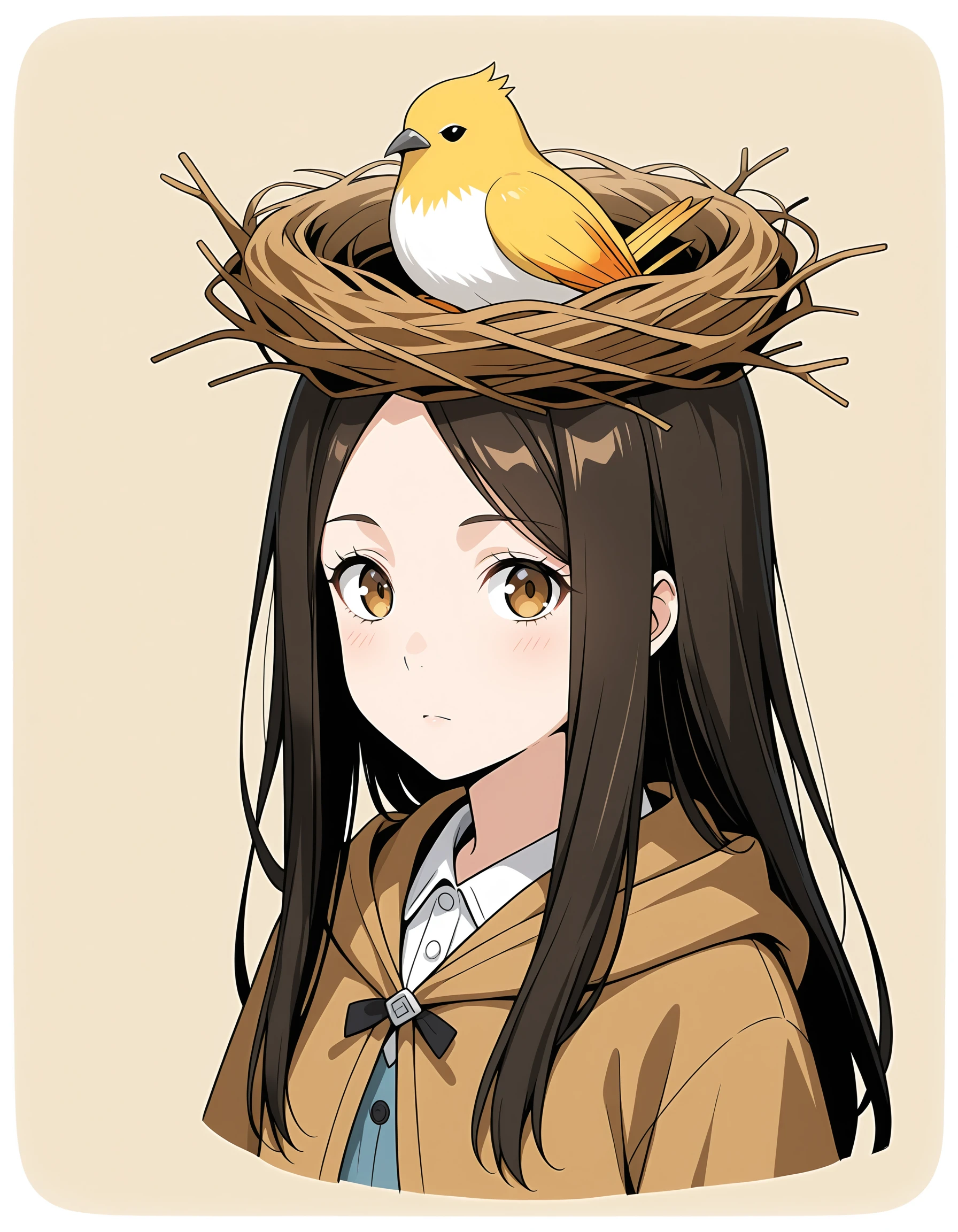 <lora:bird_nest_on_head_ill_v1.0:1> bird_nest_on_head, 1girl, looking at viewer, bird on head