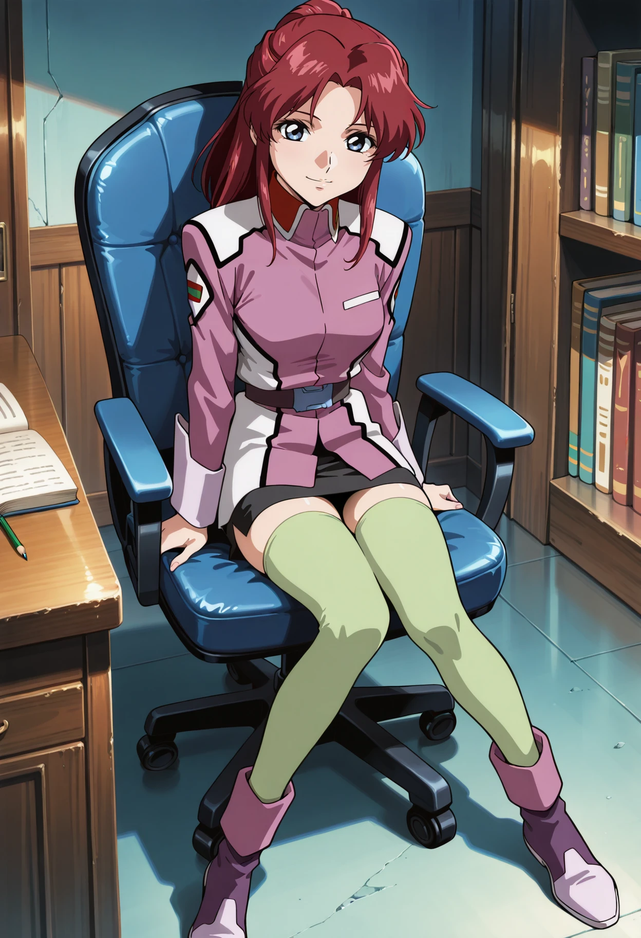 masterpiece,best quality,amazing quality,very aesthetic,absurdres, explicit,<lora:fray_a_IL1-000008:0.9> fray_a, 1girl, anime coloring, retro artstyle, solo, long hair, ponytail, red hair, half updo, parted bangs, sidelocks, blue eyes, fray military uniform, pink jacket, black skirt, pencil skirt, miniskirt, long sleeves, belt, zettai ryouiki, green thighhighs, medium breasts, fray boots, sitting, office chair, desk, light smile, indoors, book, bookshelf, looking at viewer,