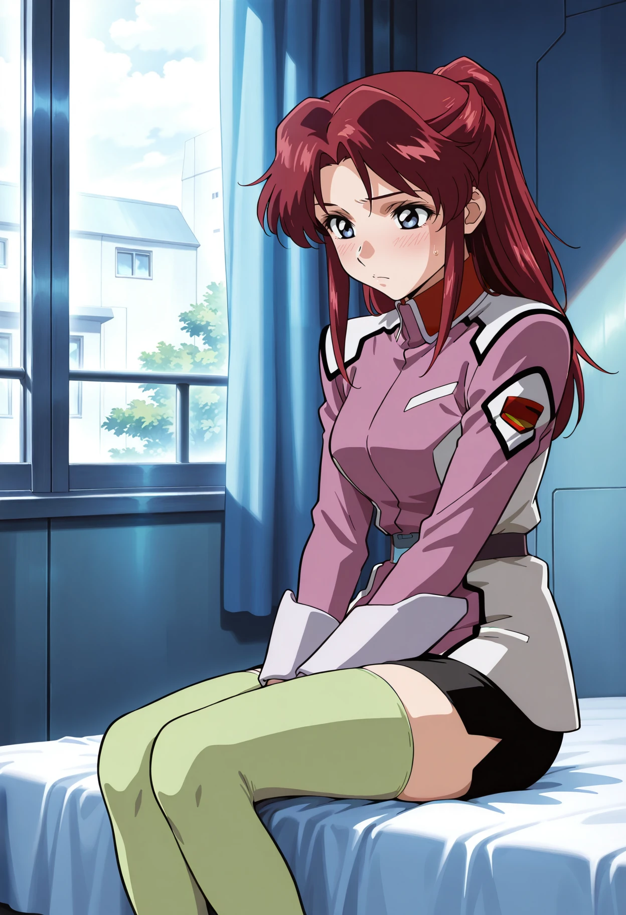masterpiece,best quality,amazing quality,very aesthetic,absurdres, explicit,<lora:fray_a_IL1-000008:0.9> fray_a, 1girl, anime coloring, retro artstyle, solo, long hair, ponytail, red hair, half updo, parted bangs, sidelocks, blue eyes, fray military uniform, pink jacket, black skirt, pencil skirt, miniskirt, long sleeves, belt, zettai ryouiki, green thighhighs, medium breasts, blush, sitting, on bed, v arms, indoors, window, curtains,