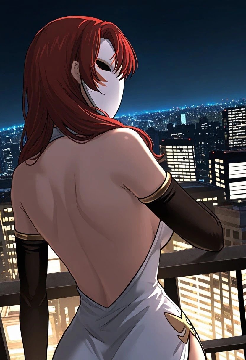 masterpiece, best quality, city view, at night,Sieben, 1 female, red hair, mask, long hair, white halter dress,elbow gloves