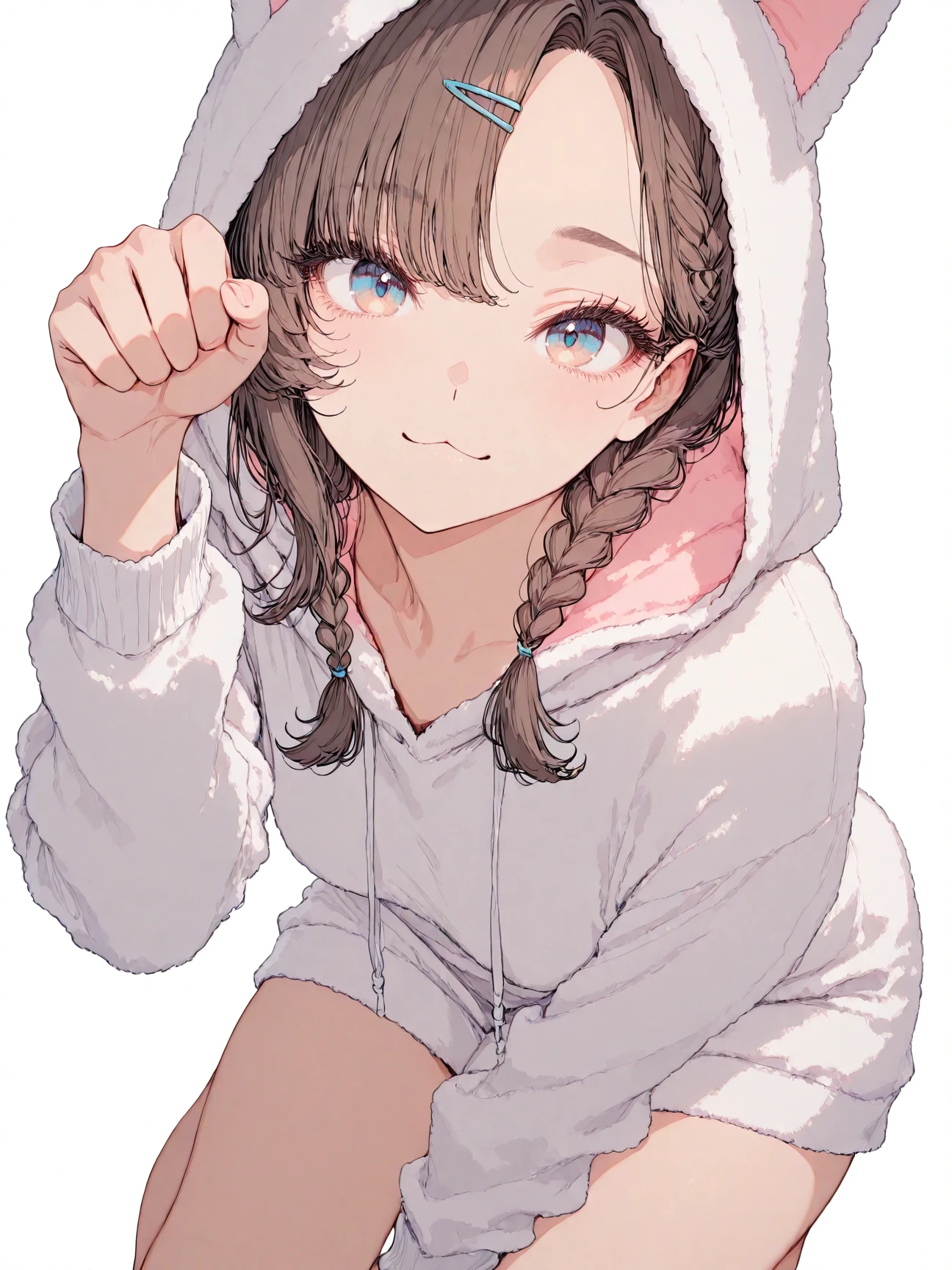 masterpiece, best quality, top quality, good quality, newest, highres, absurdres,
BREAK
very awa, absolutely eye-catching, illustration, CG,
BREAK
perfect composition, eye reflection, eyelashes, (gradient eyes:1),
BREAK
1girl,brown hair, braid, white hoodie, looking at viewer,  loungewear, hood up, :3, paw pose, white background, hairclip, parted bangs,  kneeling, thighs, from side, close-up,
