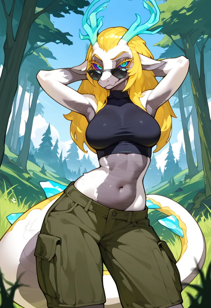 <lora:TLOZ_LightDragon_a1_6_NoobXL-eps:1>,<lora:EatSleep1111StyleSDXL11:0.7>,<lora:merrytailSDXLstyle:0.3>,eatsleep1111,merrytail,masterpiece,best quality,amazing quality,high quality,very aesthetic,absurdres,newest,shaded,digital media \(artwork\),depth of field,solo,tlozlgtdrg,anthro,female,detailed background,blue eyes,purple sclera,green pupils,forest,three-quarter view,smirk,pose,tail,sunglasses,crop top,cargo shorts,hands behind head,