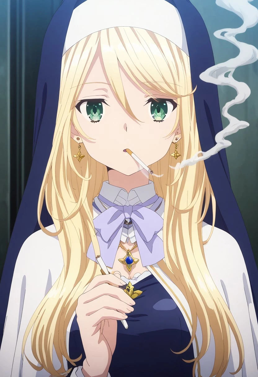 source_anime, very aesthetic, masterpiece, official art,
best quality, amazing quality, ultra detailed, very aesthetic,
anime screencap, anime coloring, lineart, no text
BREAK,
1girl, solo, <lora:sharon-holygrail-s1-ponyxl-lora-nochekaiser:1>, sharon holygrail, long hair, blonde hair, hair between eyes, green eyes, bow, jewelry, earrings, bowtie, necklace, purple bow, nun, habit, purple bowtie, capelet, white capelet, <lora:smoking_illustrious_V1.0:0.8> smoking, cigarette, holding, smoke breath