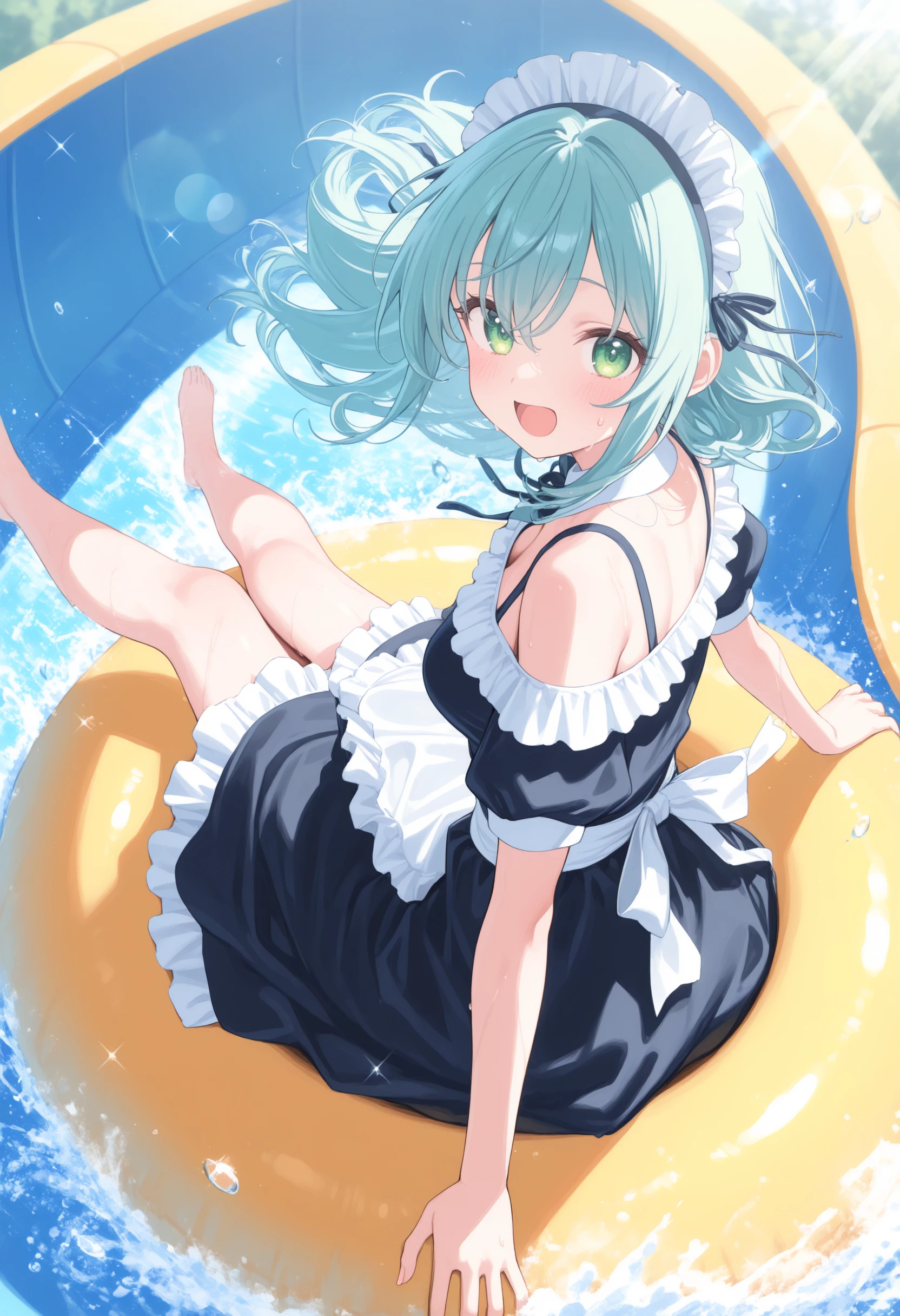 1girl,(sho \(sho lwlw\):0.7),(toosaka asagi:0.5),(sincos:0.3),solo,
masterpiece, best quality, newest, absurdres, CG, anime, source anime, illustration,
maid,maid headdress, long skirt, medium breasts, navel,
water slide, water,  splashing,  water drop, sweatdrop, wet,wet hair, wet clothes,  floating hair, open mouth,  day,outdoors, sparkle, lens flare,  sunlight, blush,solo,
swim ring, innertube, sitting,
<lora:waterslide_Illust_v1:0.8>
from above, feet out of frame, looking back, aqua hair, green eyes,excited, lightly curled inwards hair,