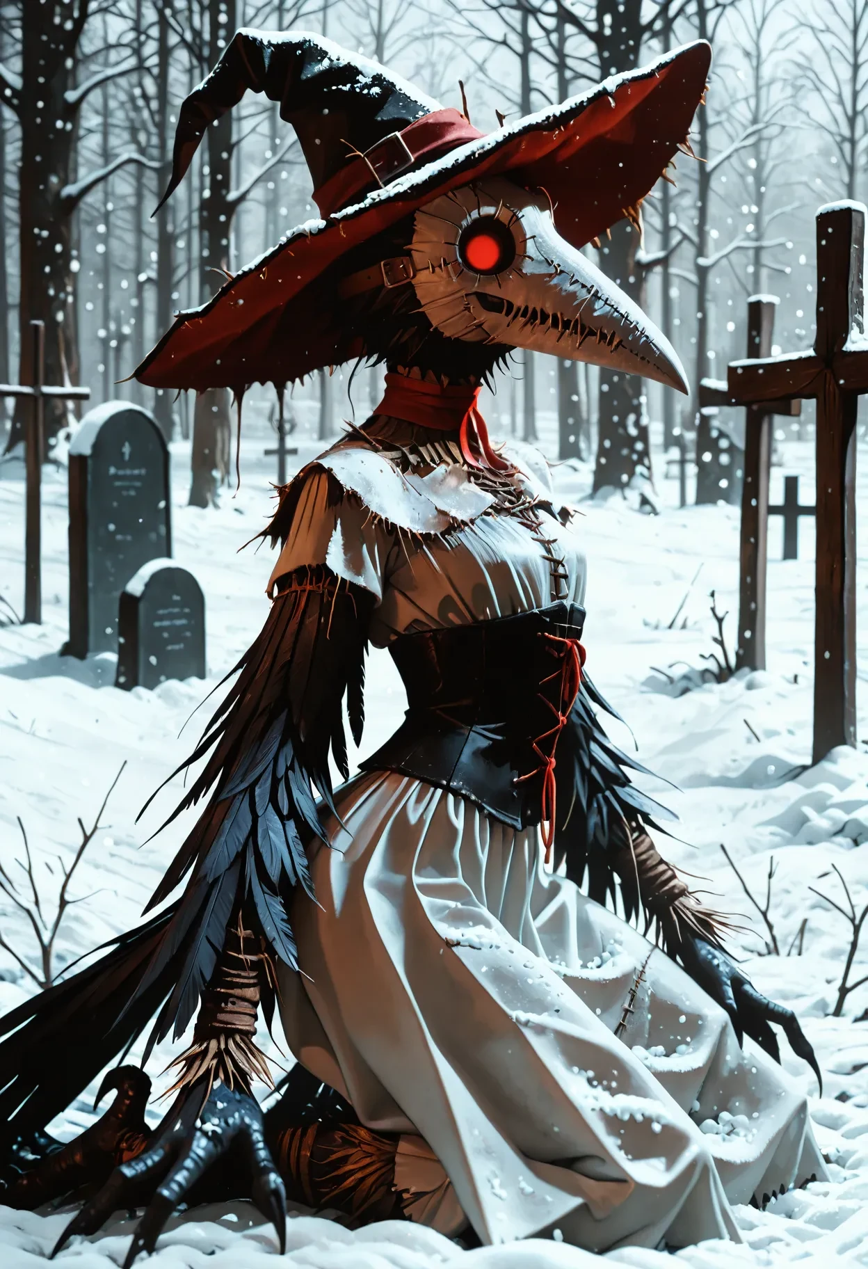 masterpiece, best quality, absurdres,
scarecrow, crow, realistic, cowboy shot, grey body, black feathers, black body, avian, white face, white mask, plague doctor mask, red eyes, closed mouth, stitched mouth, empty eyes, kneeling, from side, witch hat, (drooping hat:1.2), black hat, (white clothing, white dress, white skirt:1.4), black corset, flat chest, 1girl, solo, female, anthro, white beak, talons, tail, arm feathers, tail feathers, shadowed face, snow on body, snow on clothing, staring, eerie, red choker,
outdoors, graveyard, tombstones, medieval, winter, snowing, snow, in snow,
, <lora:Scarecrow Style v3 Ills975:0.8>