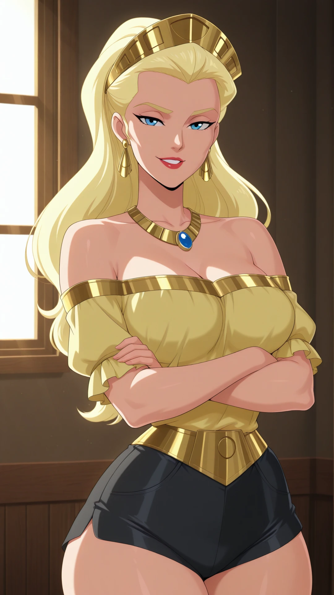 anime coloring, dramatic lighting, intricate details, masterpiece, best quality, absurdres, depth, Hippolyta_XL, jewelry, earrings, necklace, hair pulled back, hair slicked back, cheekbones, high cheekbones, 1girl, solo, shirt, jewelry, collarbone, upper body, earrings, parted lips, off shoulder, necklace, lips, window, yellow shirt, off-shoulder shirt, shorts, black shorts, thick thighs, narrow waist, big hips, curvy hips, bare shoulders, looking at the viewer, smile, seductive smile, crossed arms, ((perfect eyes)), lipstick, red lips,perfect lips <lora:Hippolyta_XL-05:0.8>