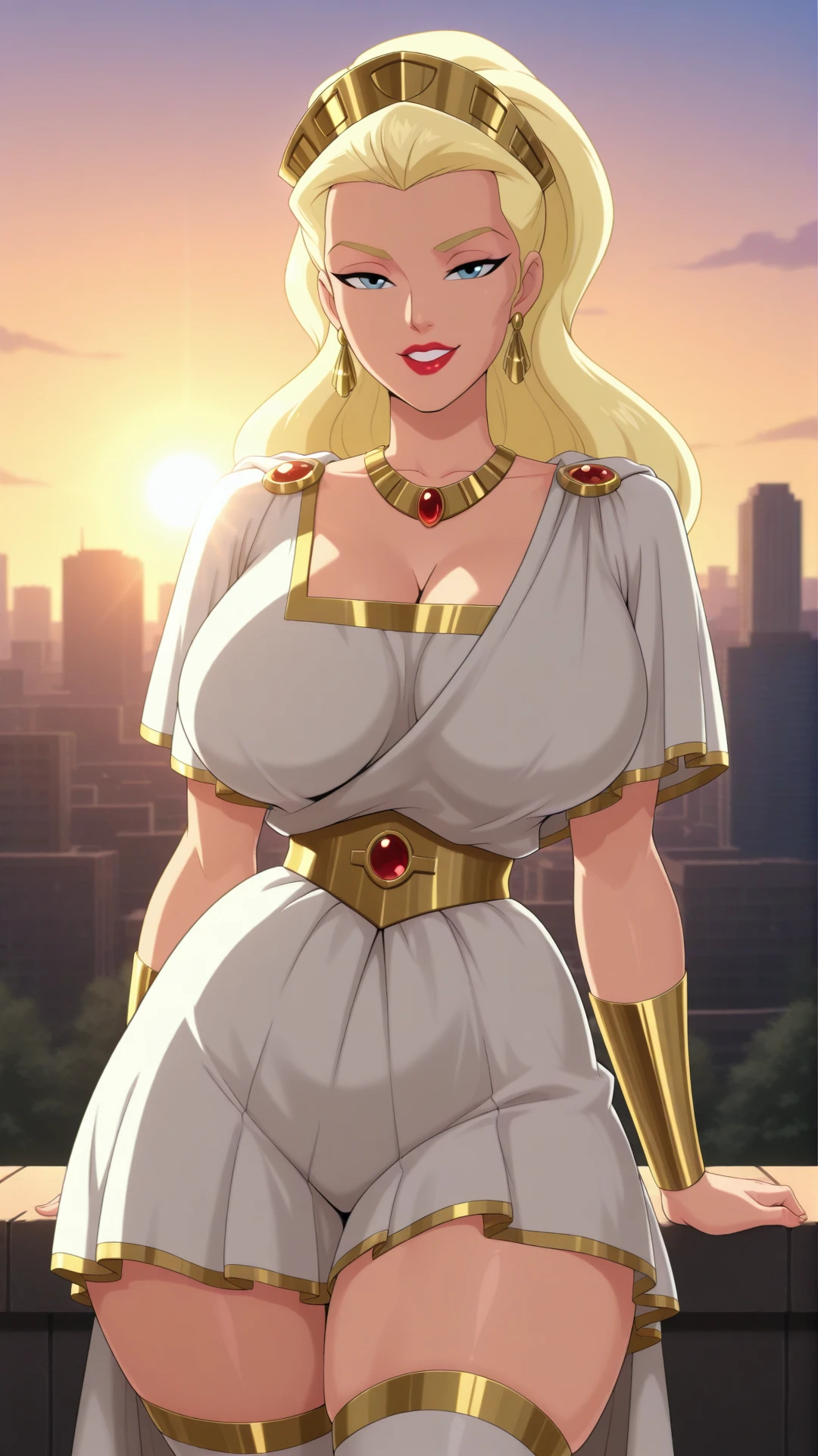 anime coloring, dramatic lighting, intricate details, masterpiece, best quality, absurdres, depth, Hippolyta_XL, jewelry, earrings, necklace, hair pulled back, hair slicked back, ponytail, greek clothes, toga, smile, parted lips, teeth, city, suburban, sunset, sunlight, looking at the viewer, smile, seductive smile, big breasts, curvy figure, narrow waist, thick thighs, thigh highs, curvy hips, big hips, lipstick, red lips <lora:Hippolyta_XL-05:0.9>