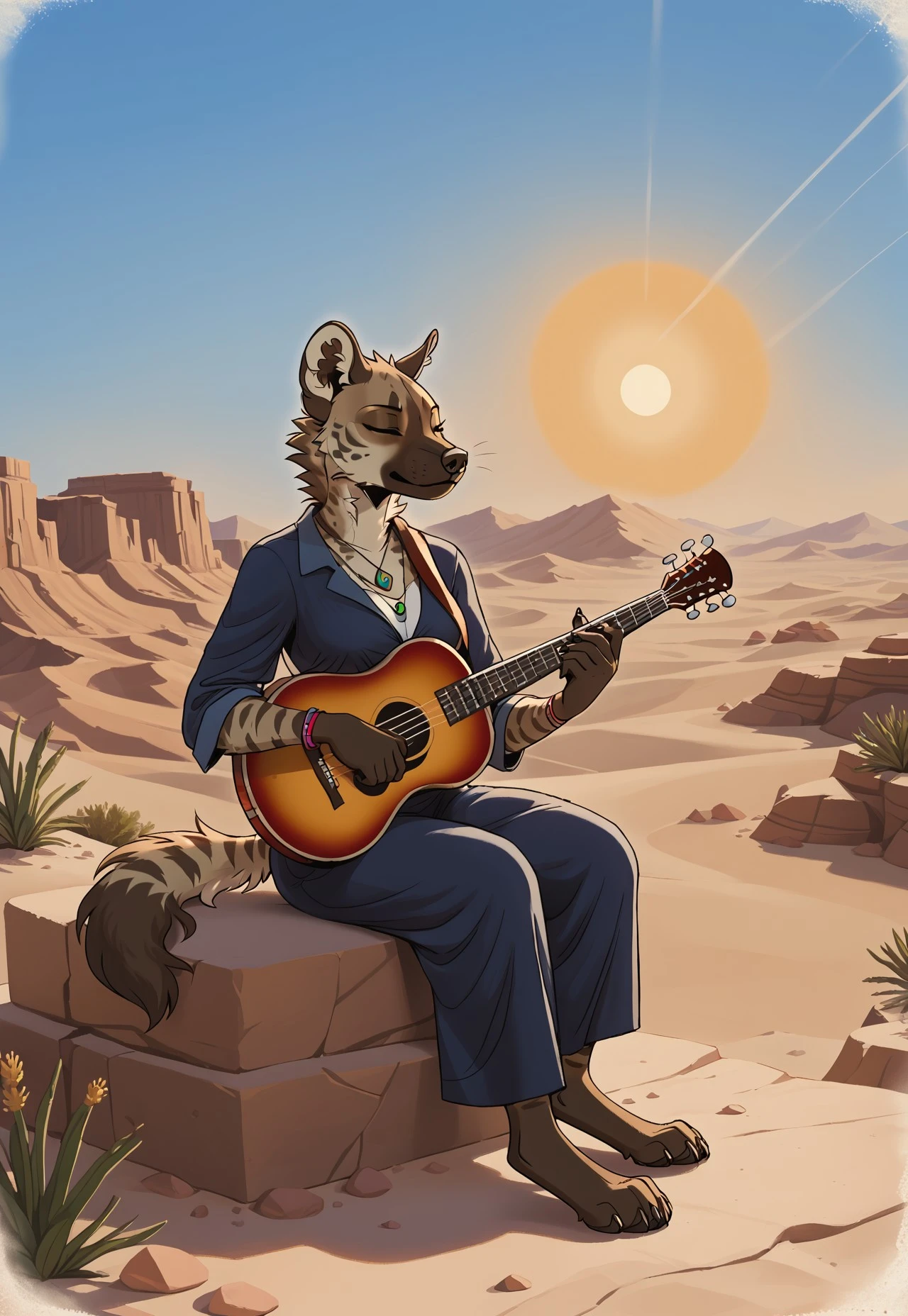 Coffee style, Sepia, furry, anthro, highres, super high resolution, 8k, furry, anthro , female, Anthropomorphic striped hyena sitting atop a sun-baked rock formation, playing a simple, stringed instrument (oud or similar). Sepia tones evoke the vast, empty desert. Eyes closed, lost in the music. Style: ethereal vintage painting, minimalist composition, wind-swept fur, dreamlike solitude, furry art