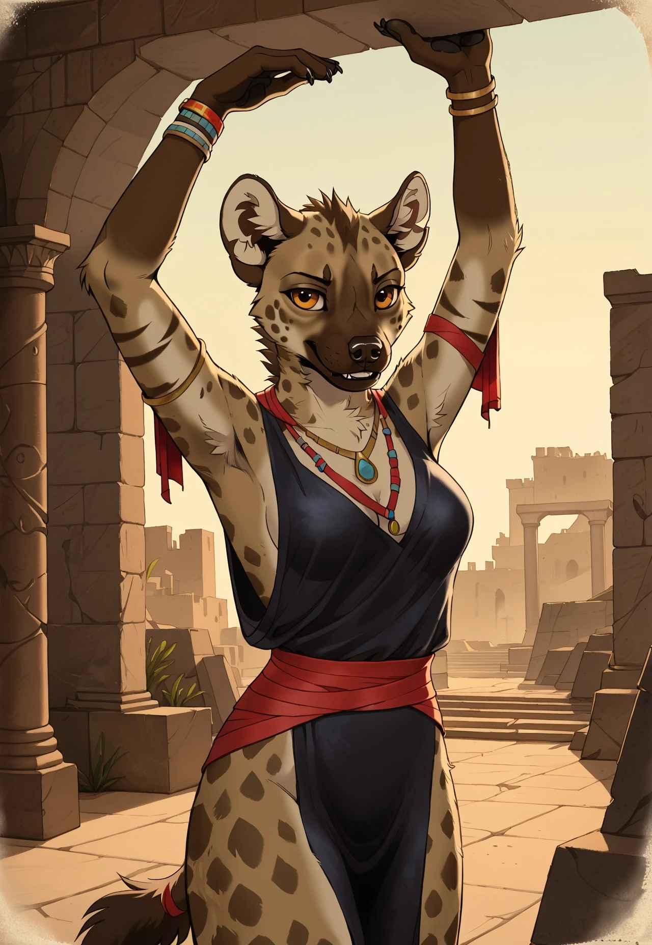 Coffee style, Sepia, furry, anthro, highres, super high resolution, 8k, furry, anthro , female, Mysterious figure of an anthropomorphic spotted hyena shaman standing atop ancient ruins at dawn. Adorned with bones, feathers, and leather talismans. Arms raised, silhouetted against a soft sepia sky with mist. Style: atmospheric watercolor in ochre and umber, dreamlike ritual, spiritual energy implied, hyena furry